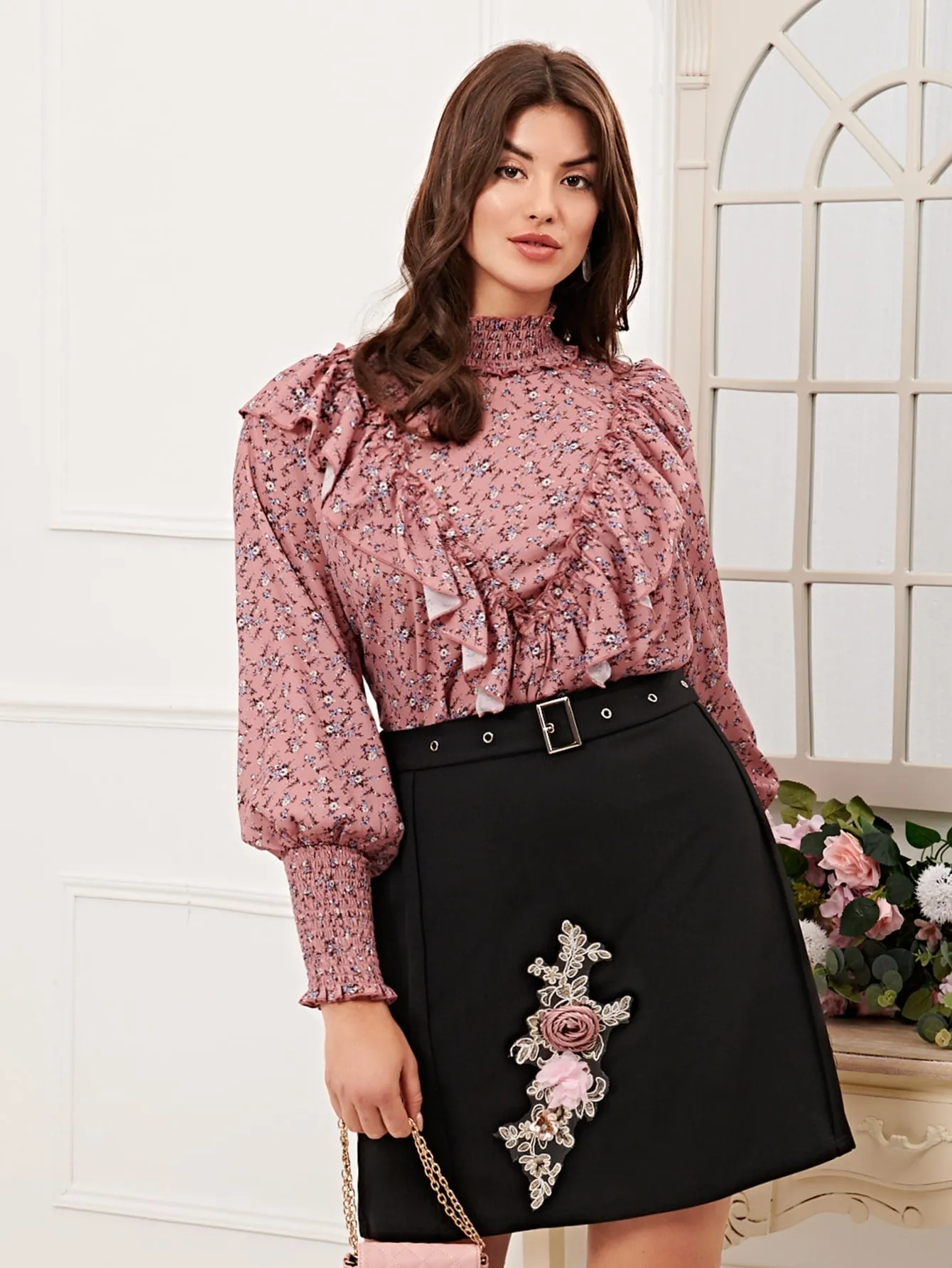 Ditsy Floral Shirred Long Sleeve Stand Collar Regular Plus Size Blouse