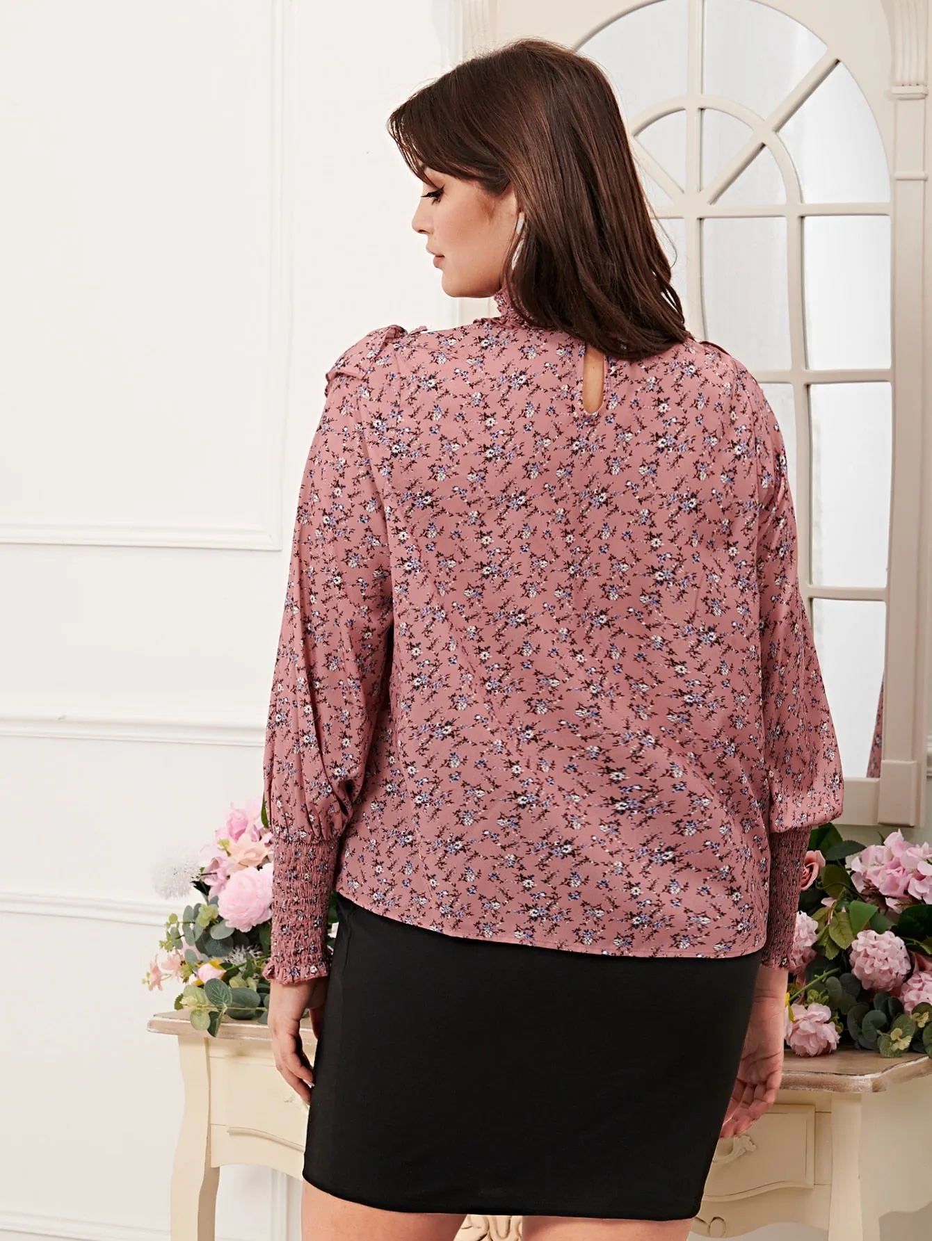 Ditsy Floral Shirred Long Sleeve Stand Collar Regular Plus Size Blouse