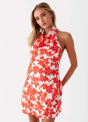 High-End Fashion Subtle pattern Carmine Bouquet Cowl Neck Mini Dress - Red Floral