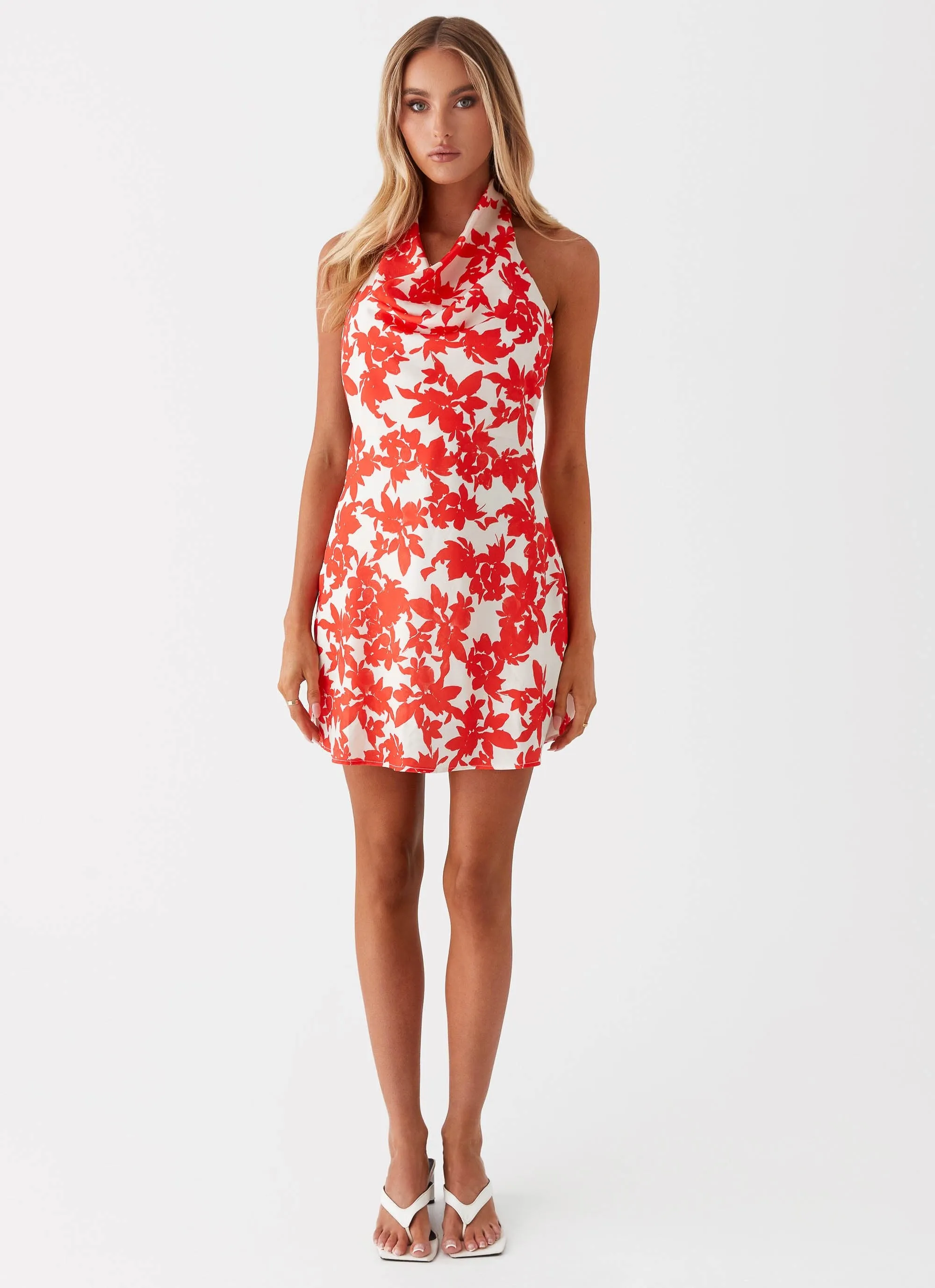 Carmine Bouquet Cowl Neck Mini Dress - Red Floral Short Sleeve