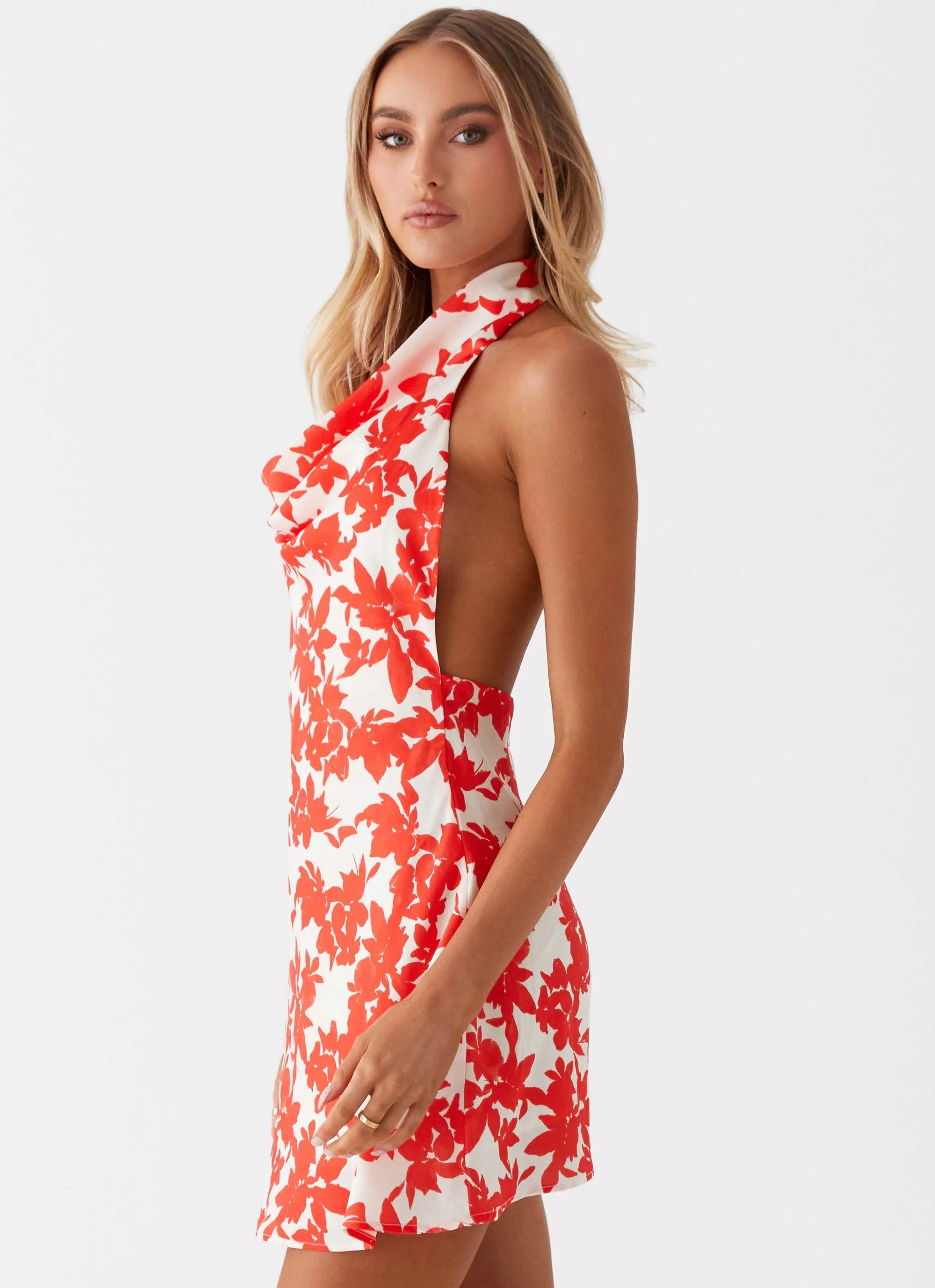 Carmine Bouquet Cowl Neck Mini Dress - Red Floral Travel-friendly Fashion staples