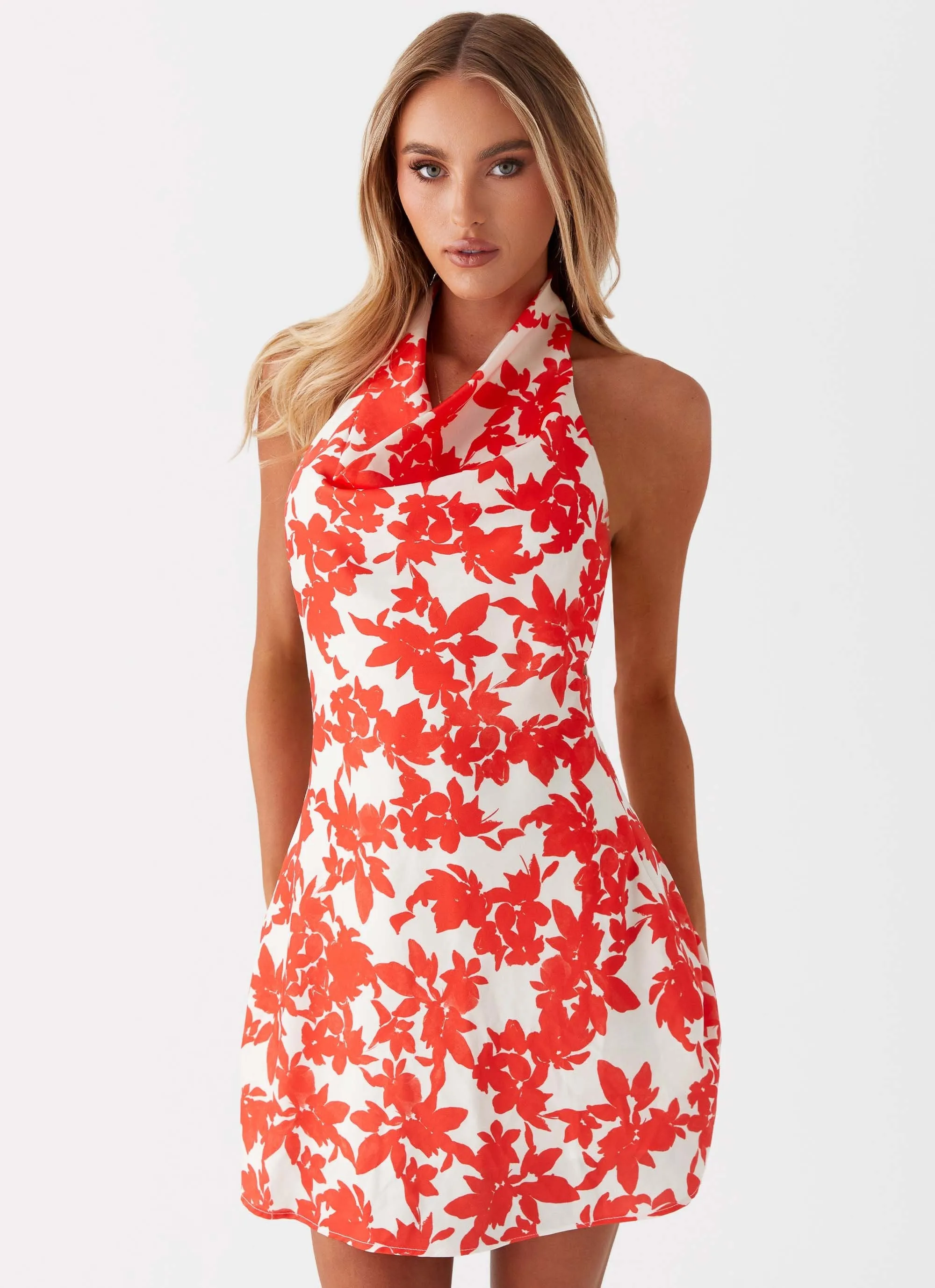 Holiday Outfit Carmine Bouquet Cowl Neck Mini Dress - Red Floral