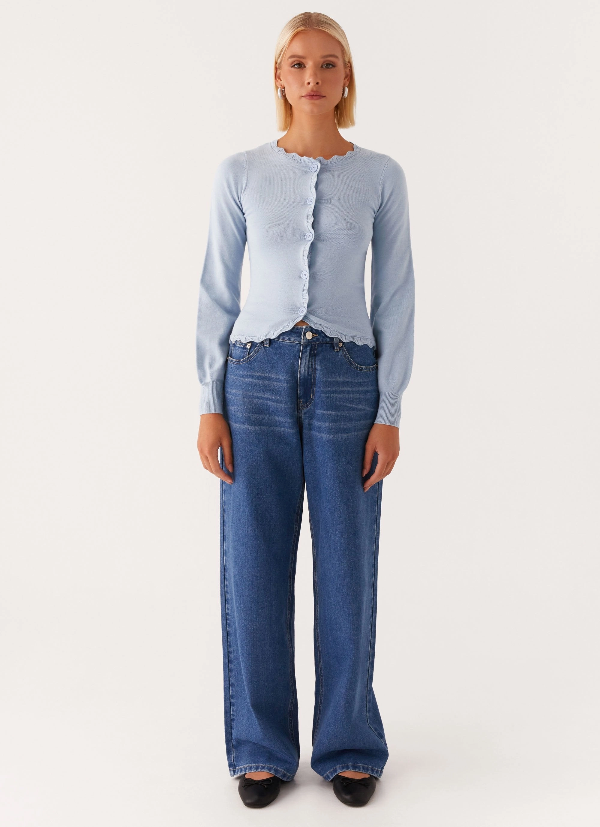 Mikah Lace Trim Cardigan - Baby Blue Four Way Stretch Material