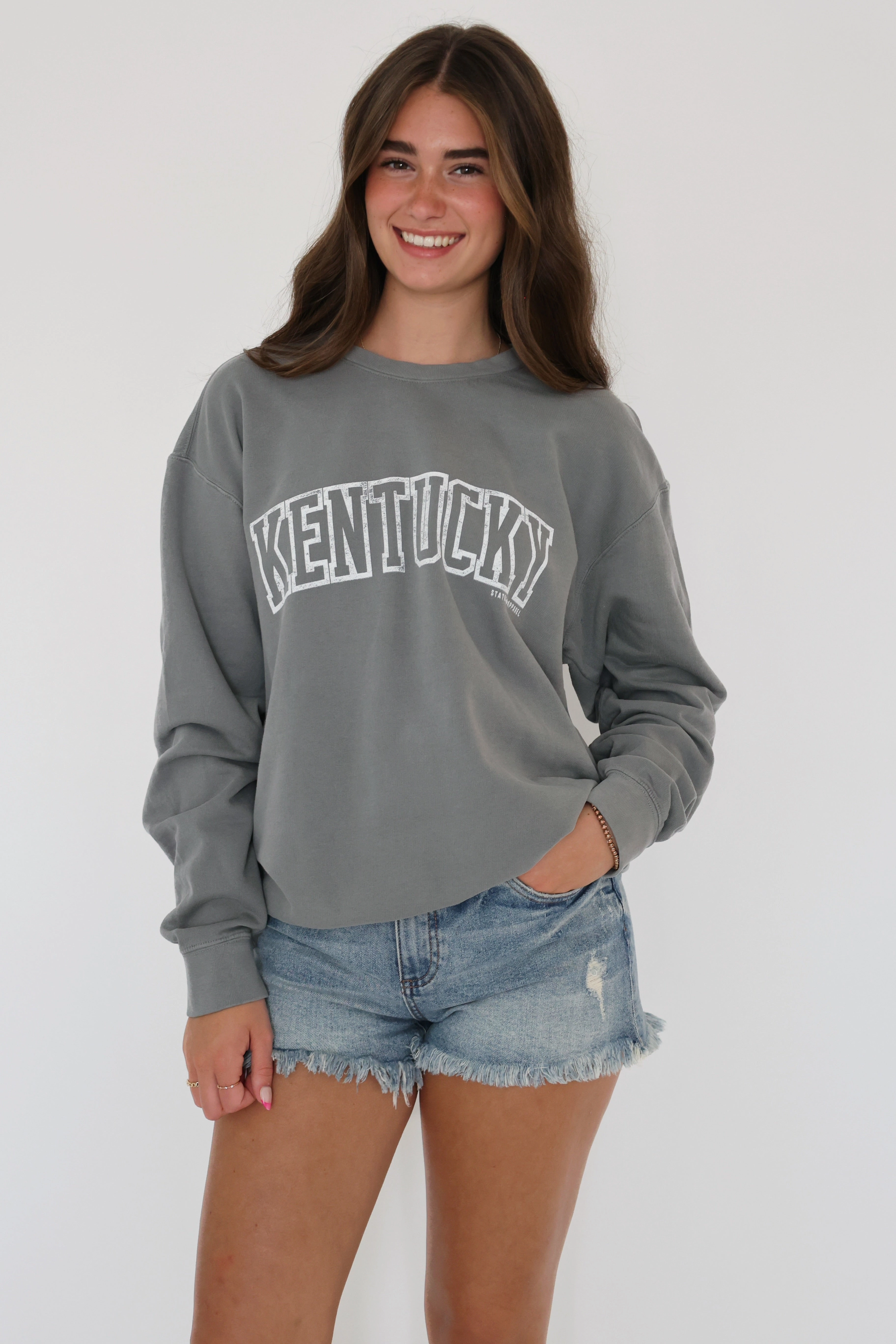 Yarn Dyed Pattern Cloth Double Stitched Hem Kentucky Color Sweatshirt- Grey