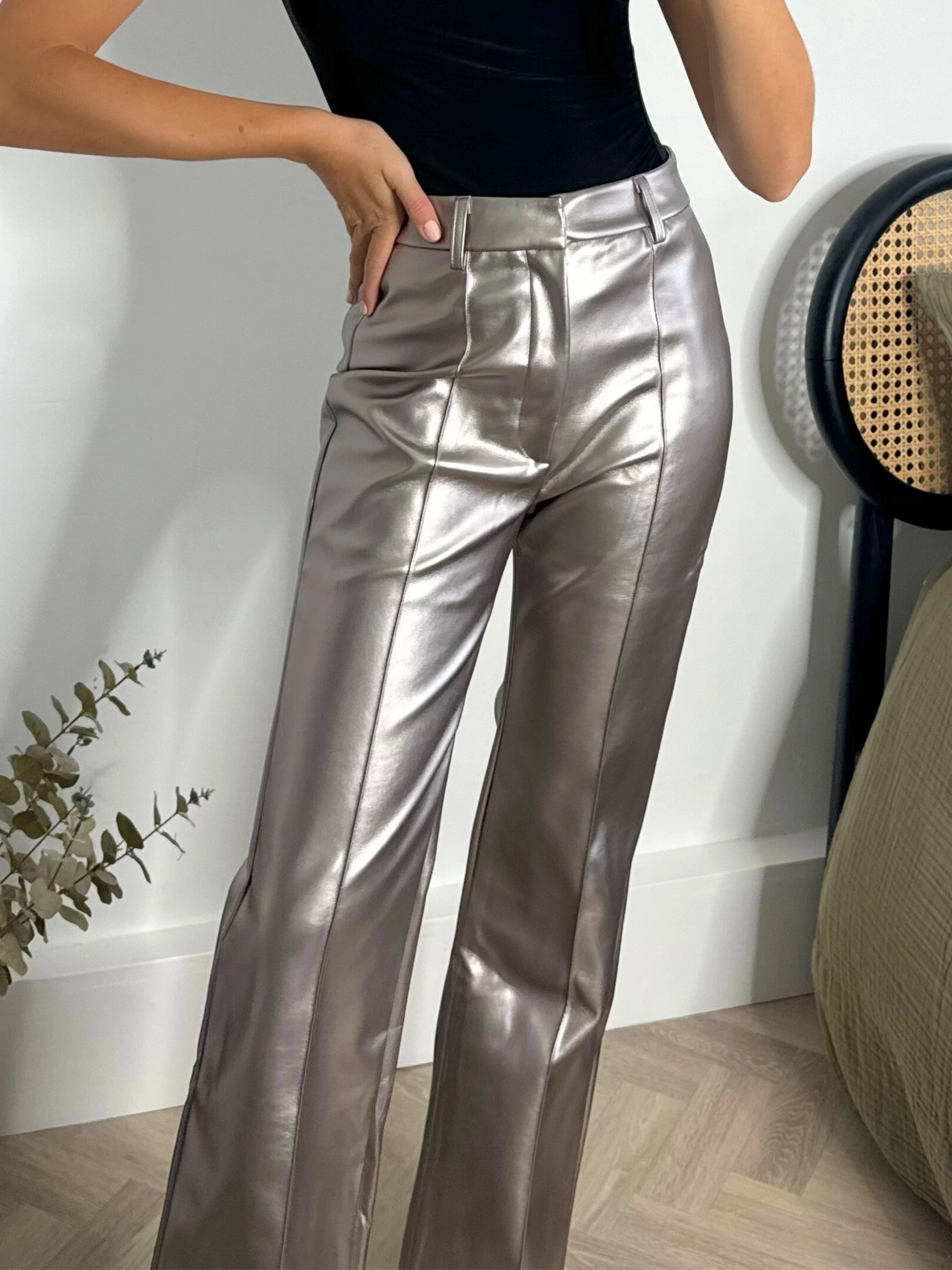 Zip Pocket Alyssa PU Flare Trouser / Metallic