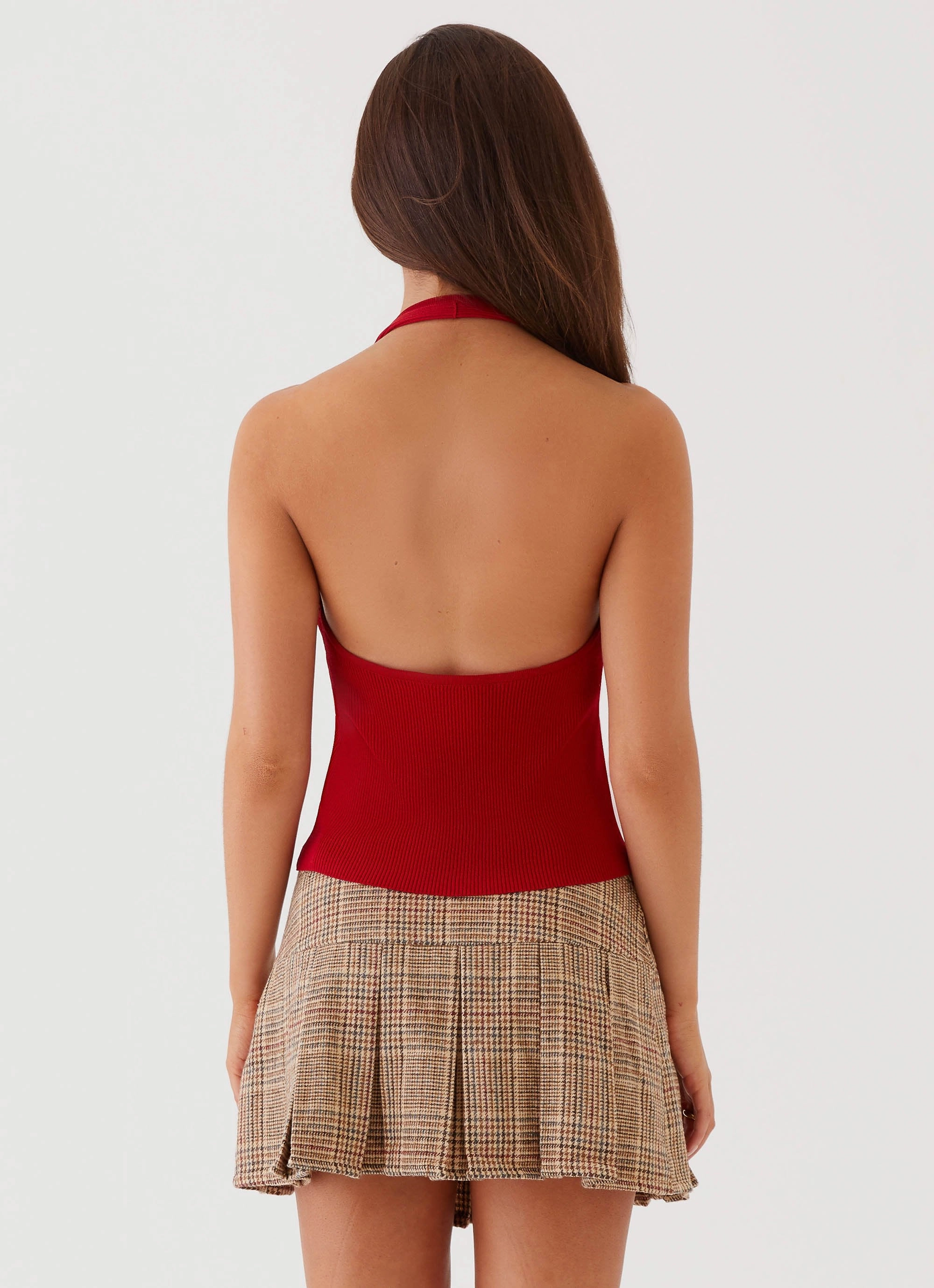 Bettie Knit Halter Top - Red FlexibleLayeredConstruction High Collar Option