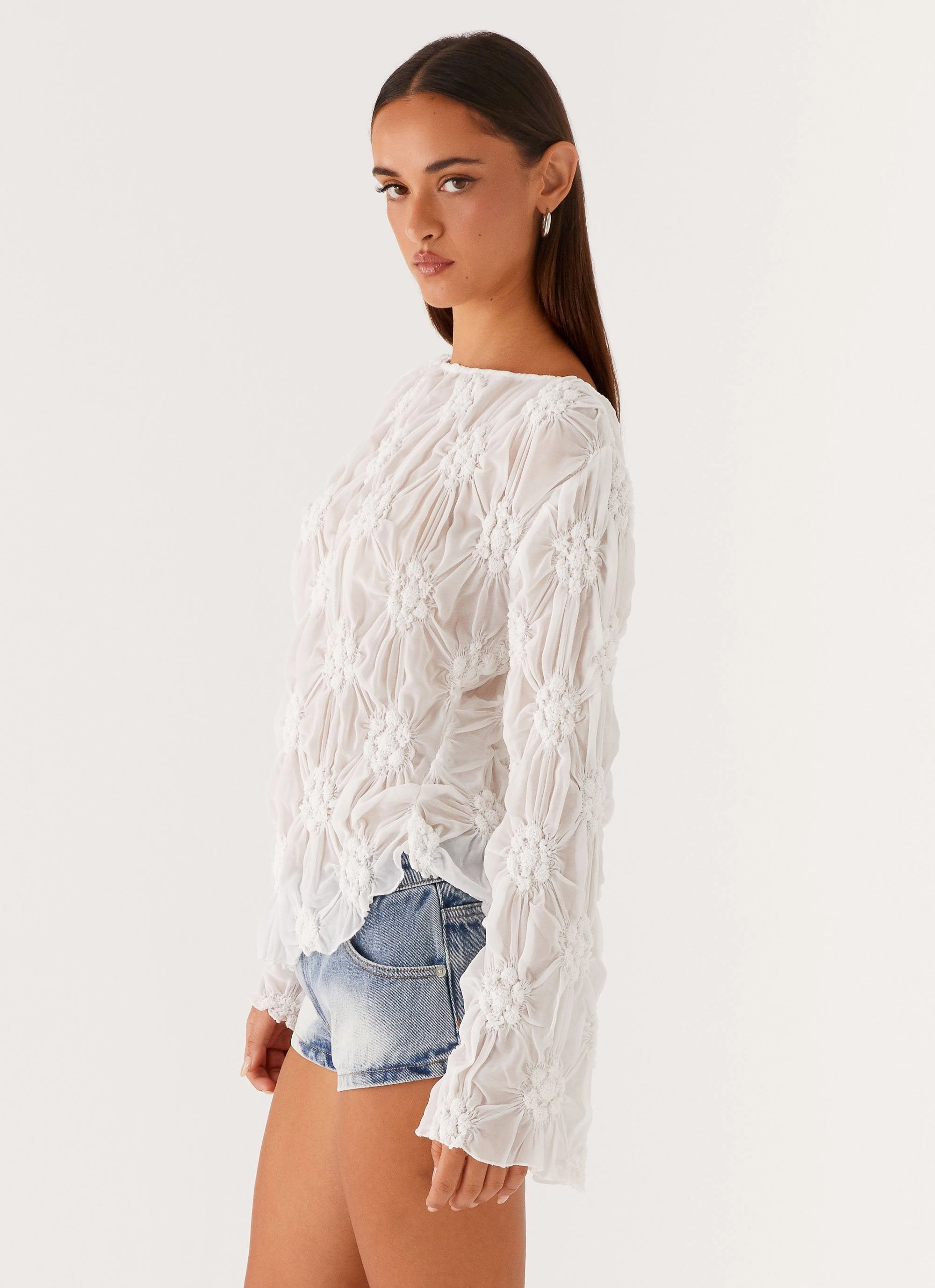 TactileWeave Raw Edge Finish Mia Long Sleeve Top - Ivory