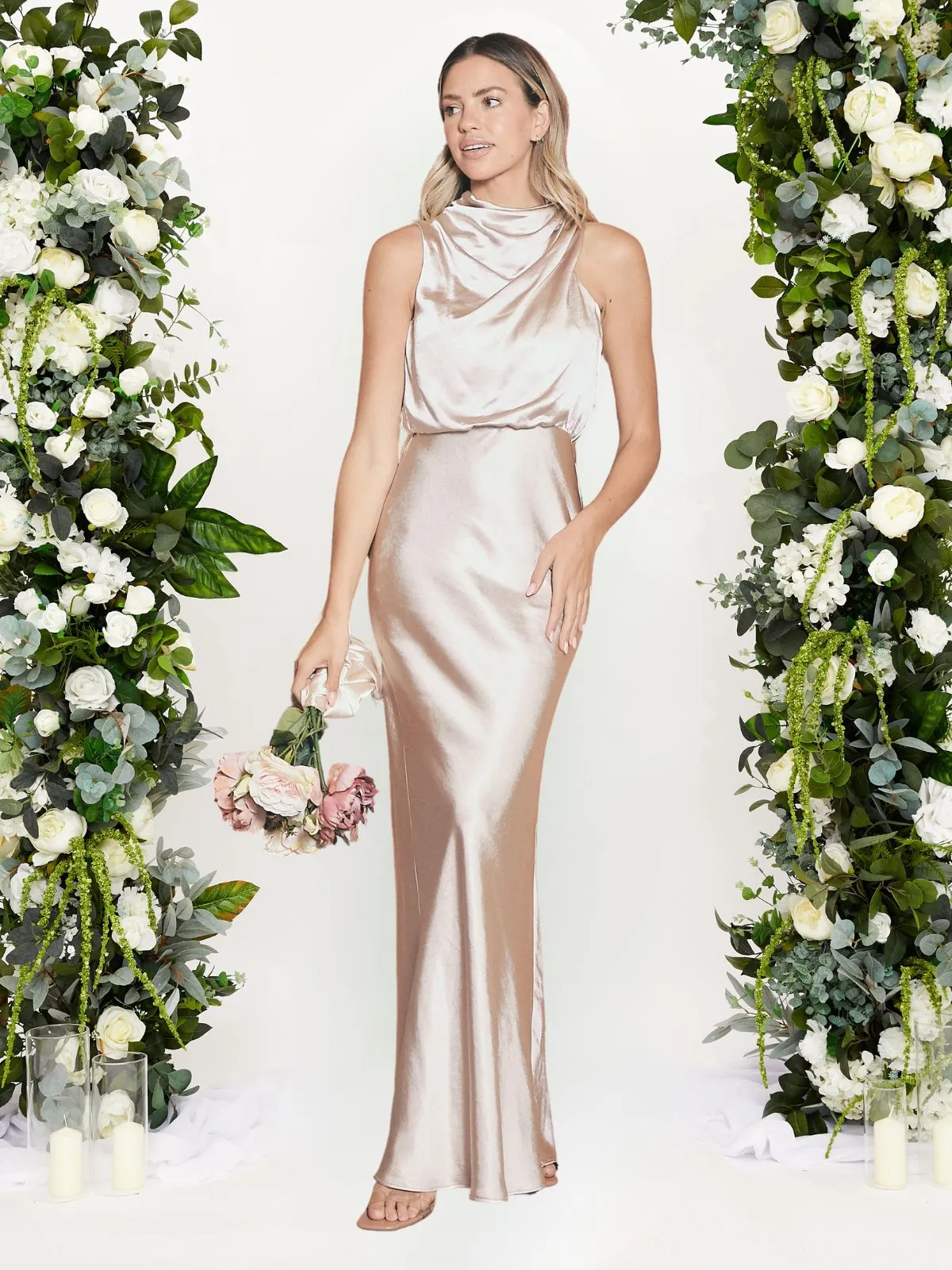 Drape Neck Maxi Satin Dress / Champagne Dry-Clean-Only