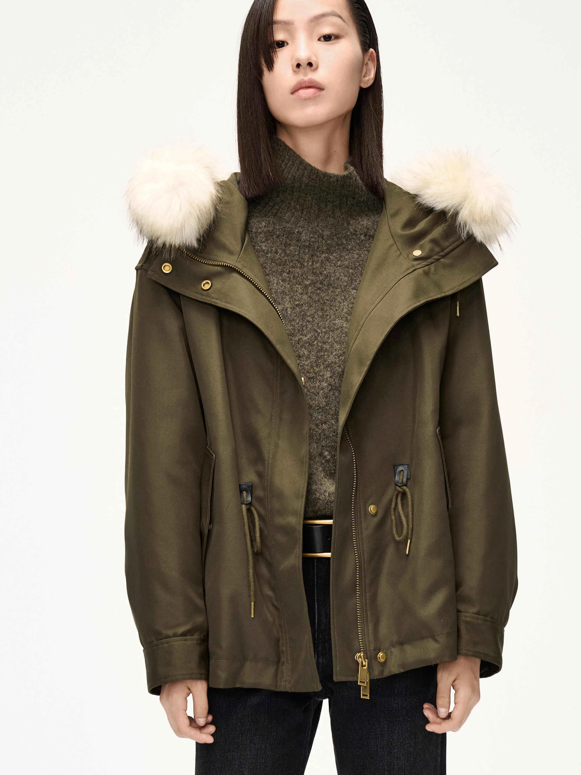 Drawstring Waist Hood Coat