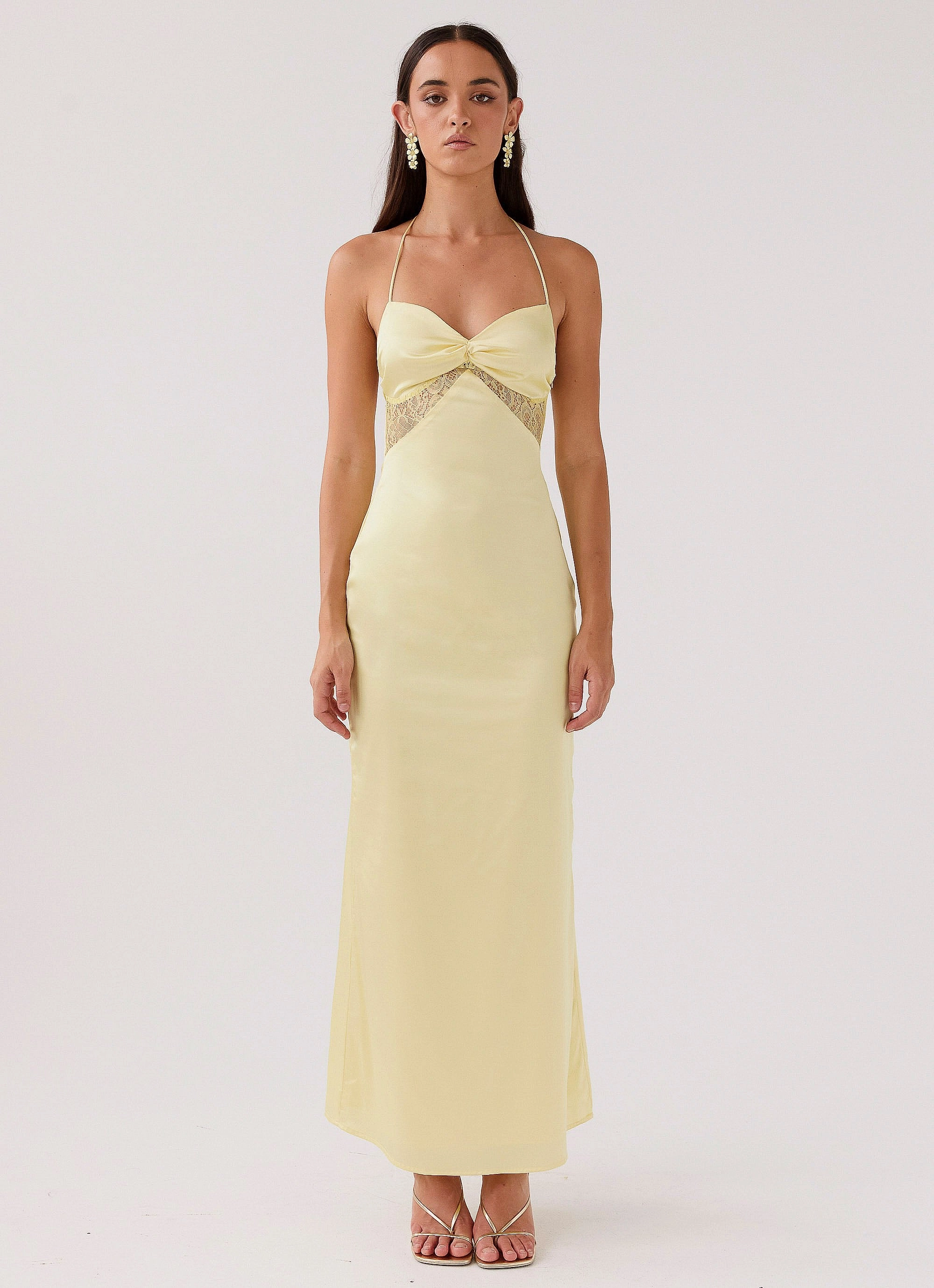 Fitted Design Dream Sight Lace Satin Maxi Dress - Lemon