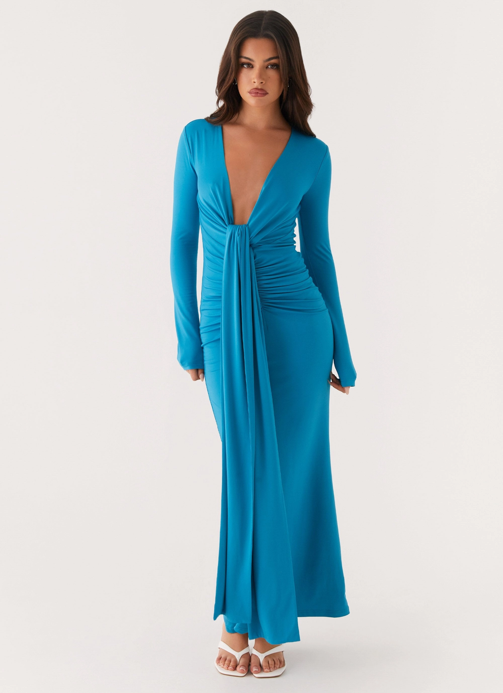 Miesha Long Sleeve Maxi Dress - Blue High Neck Tailored Wear