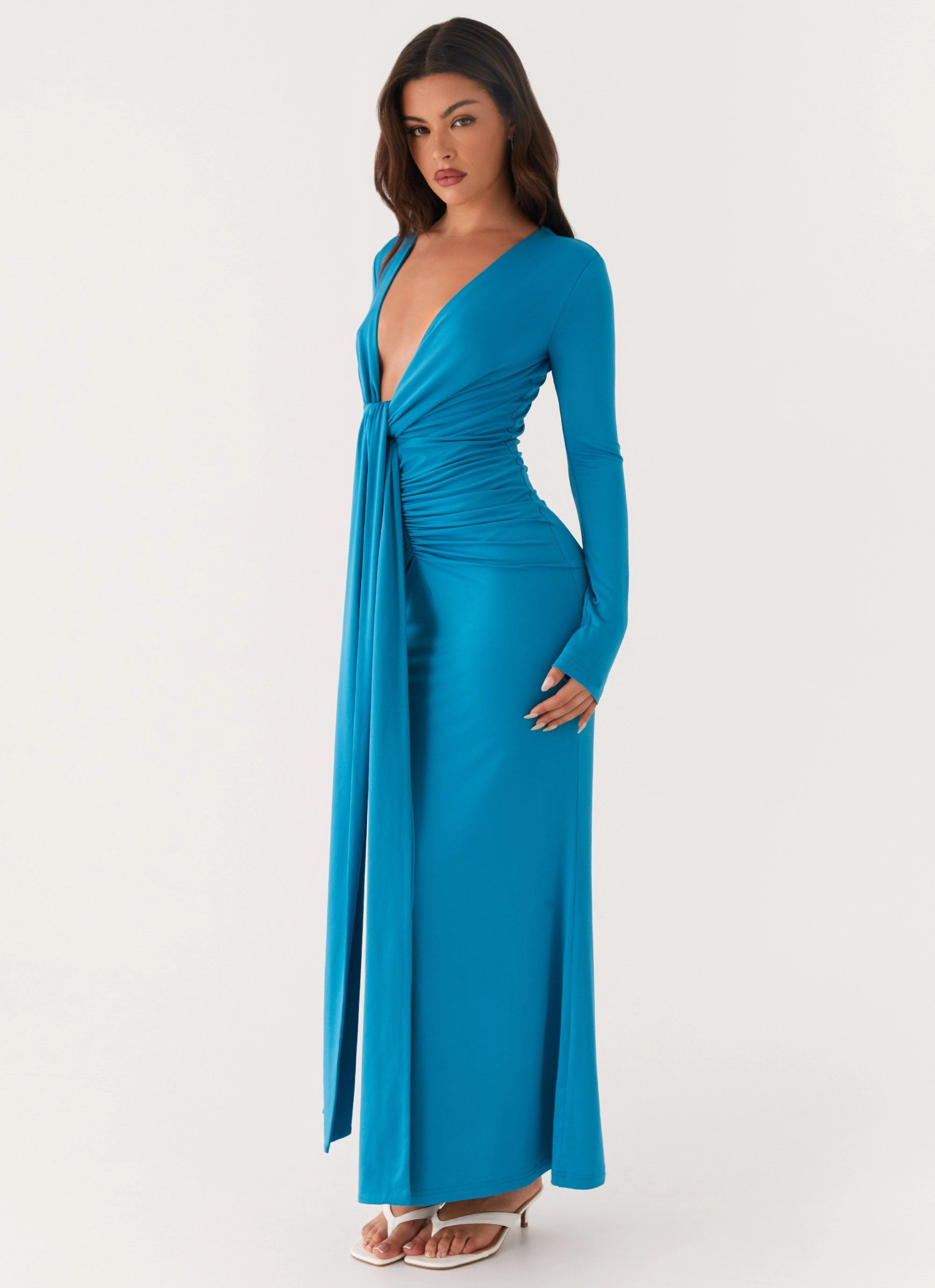 Silky Drape Sleek Touch Miesha Long Sleeve Maxi Dress - Blue