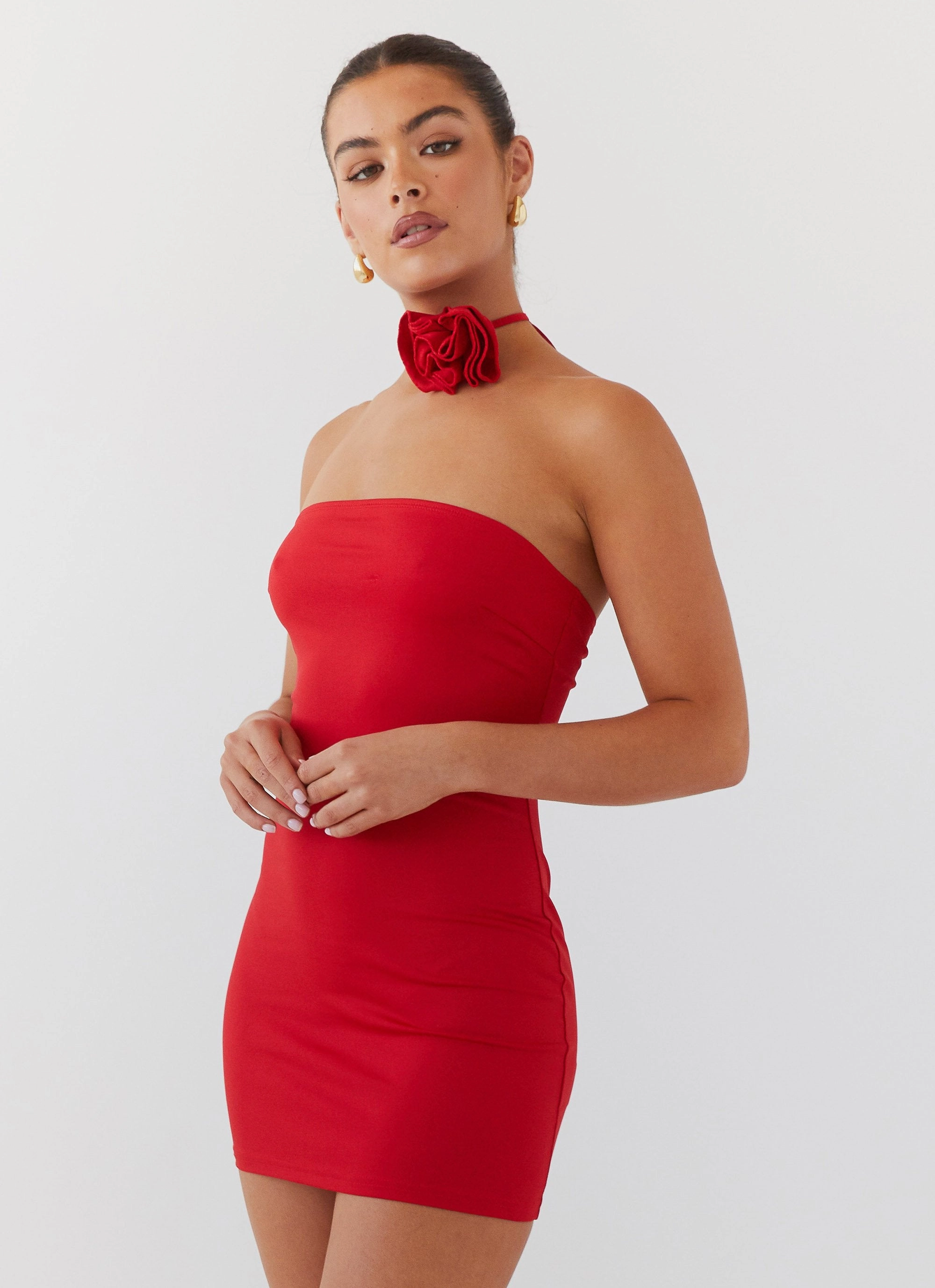 Ruby Glamour Rose Mini Dress - Rouge Red Peace View