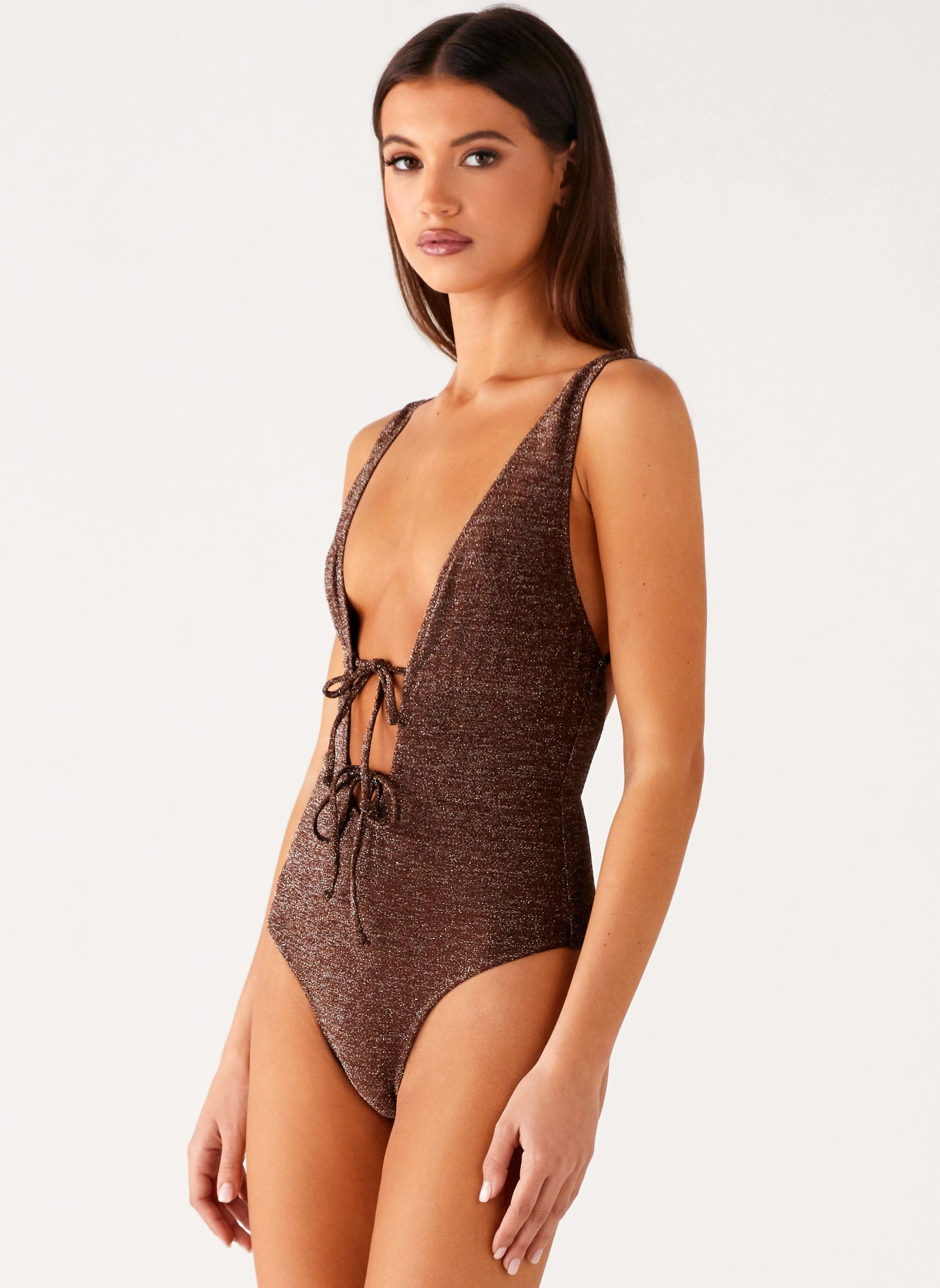 Drawstring-Closure Mold Resistant Lining Drifter One Piece Swimsuit - Chocolate