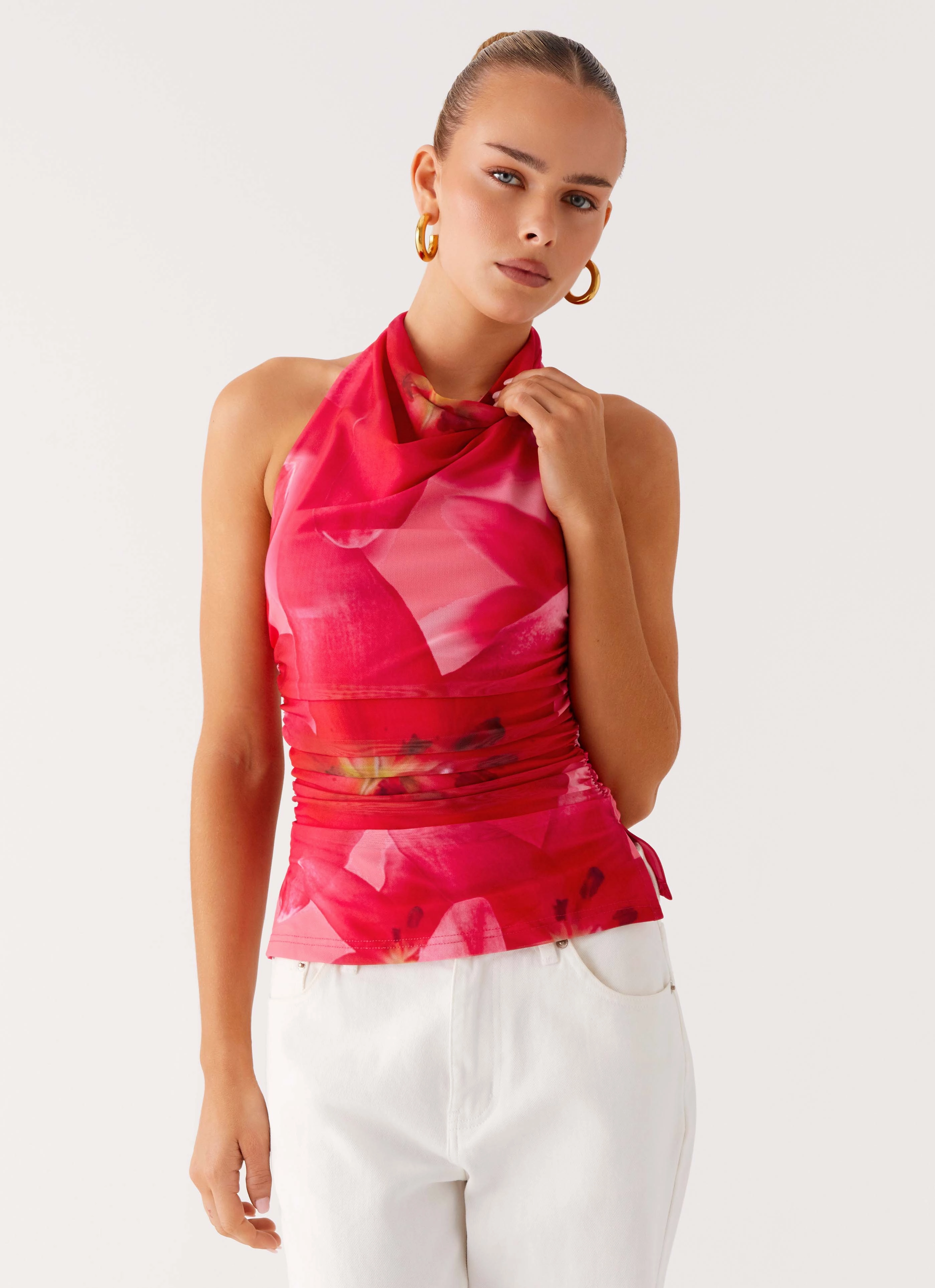 PunctureResistantReinforcement Ventilated Mesh Panels Delany Halter Top - Peach Watermelon Flower