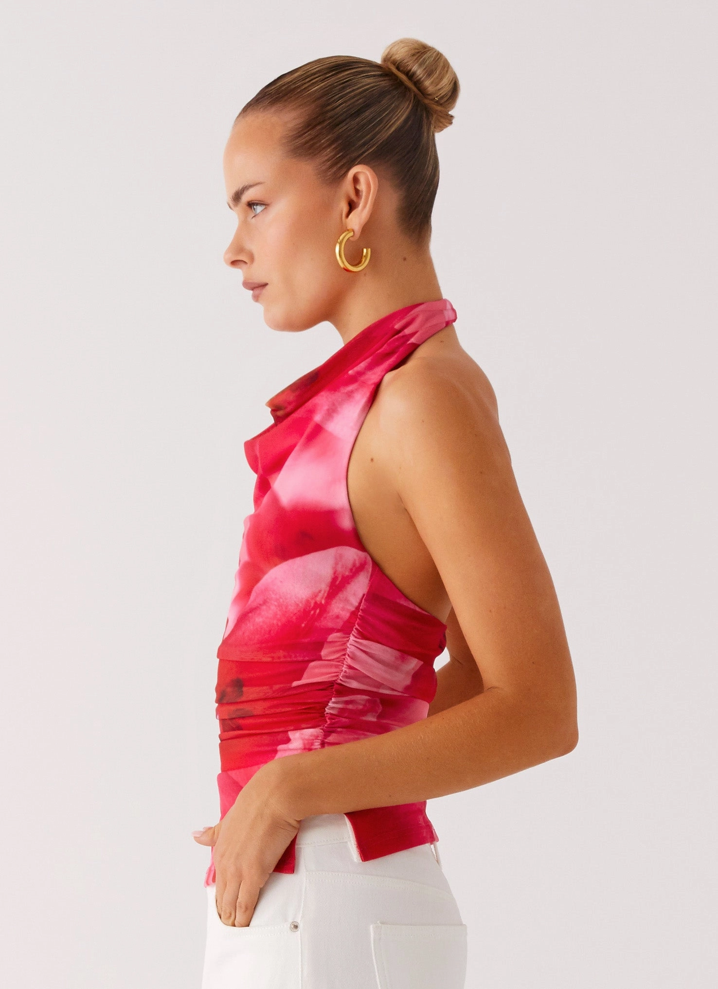 Delany Halter Top - Peach Watermelon Flower MoistureWicking Fabric TearResistant