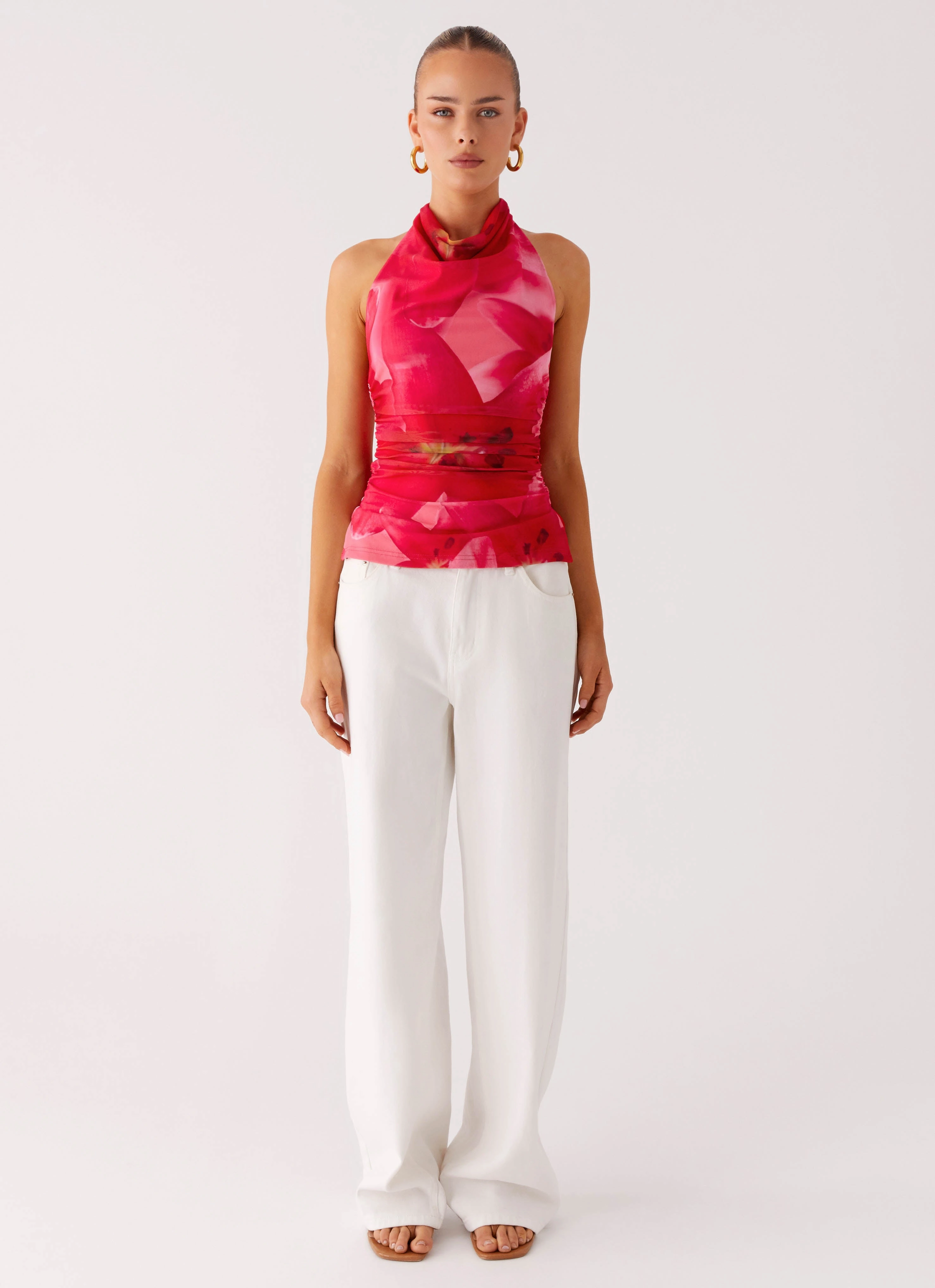 Delany Halter Top - Peach Watermelon Flower Breathable Ventilation