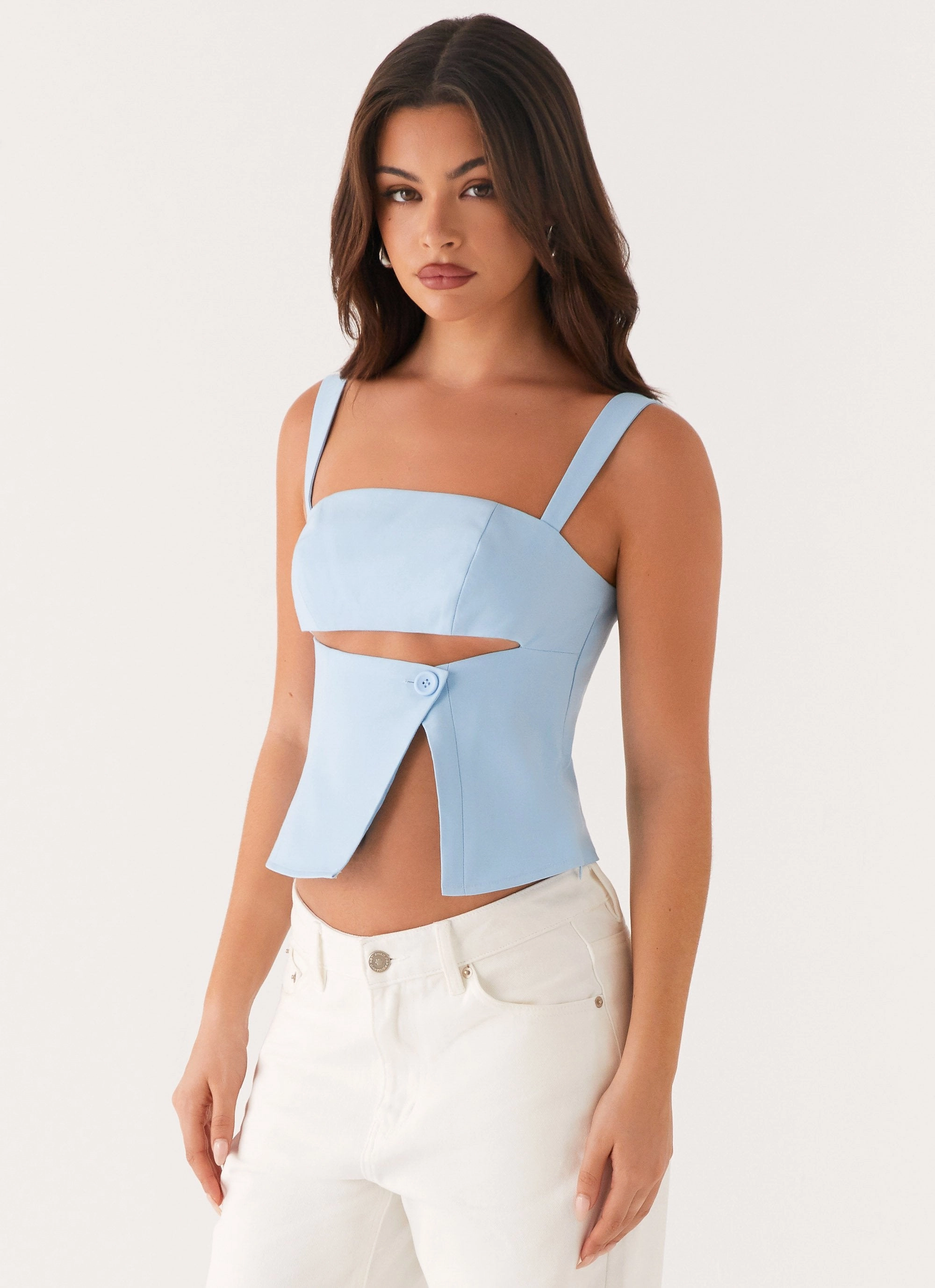 Reinforced Buttonholes Stretchy Top Pia Cut Out Top - Pastel Blue
