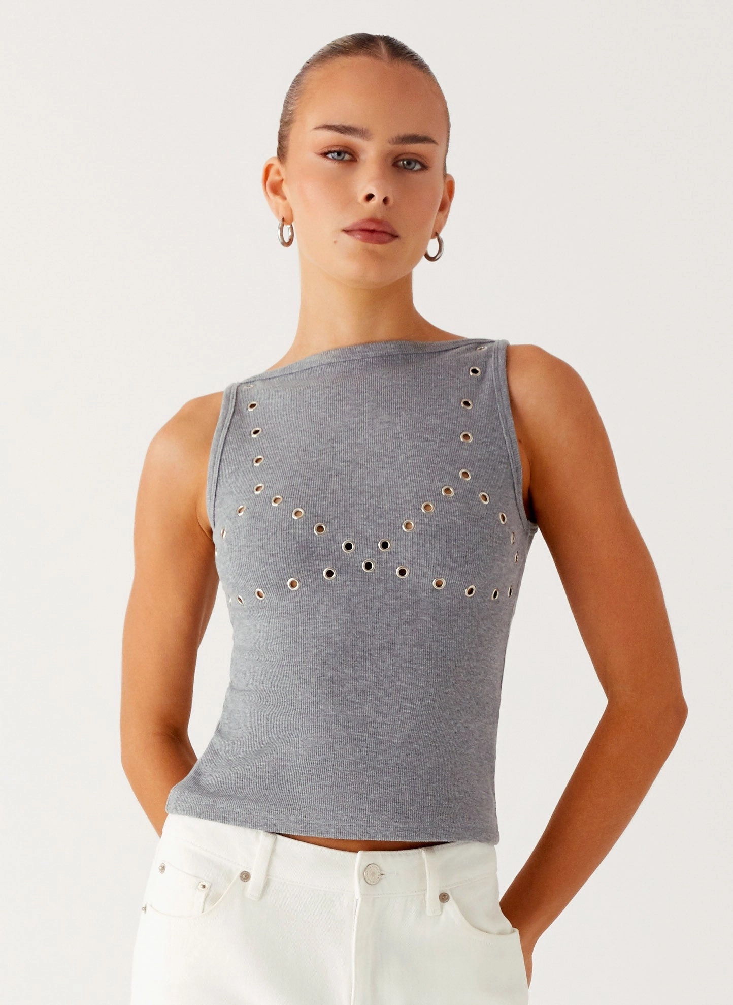 Drop Top Ribbed Eyelet Tank Top - Marle Grey AthleisureCompatible Neutral Tone Palette