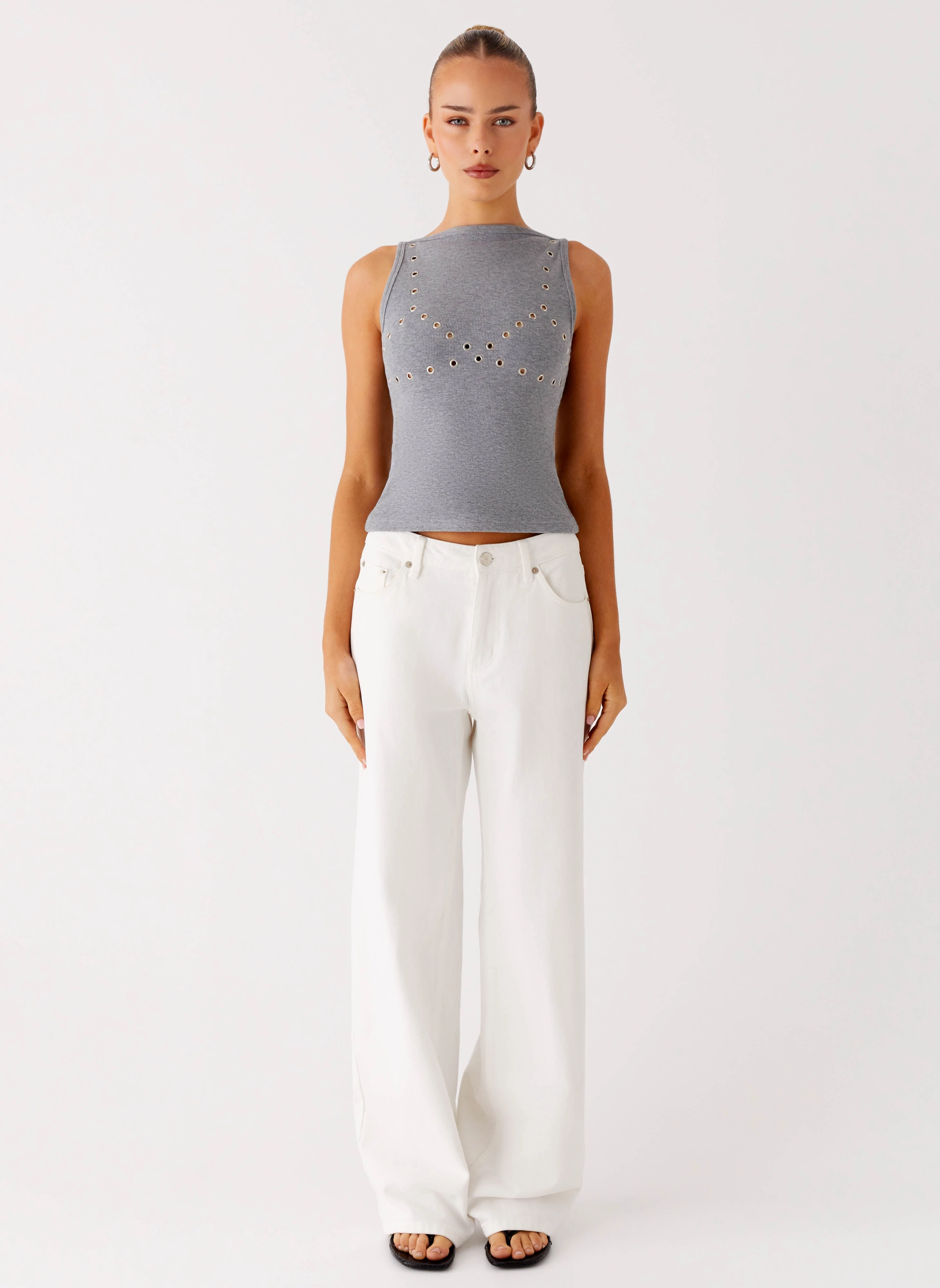 Drop Top Ribbed Eyelet Tank Top - Marle Grey Relaxed Tank