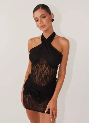 Durable Material Santana Crossover Lace Mini Dress - Black Santana Crossover Lace Mini Dress - Black Handcrafted Detail Weekend Outing