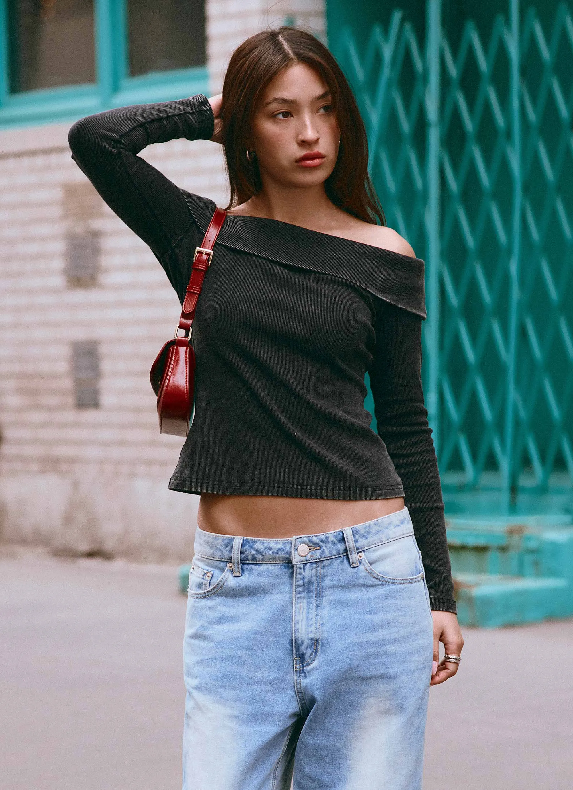 Hayley Long Sleeve Ribbed Top - Charcoal Acid Wash AntiStaticLining