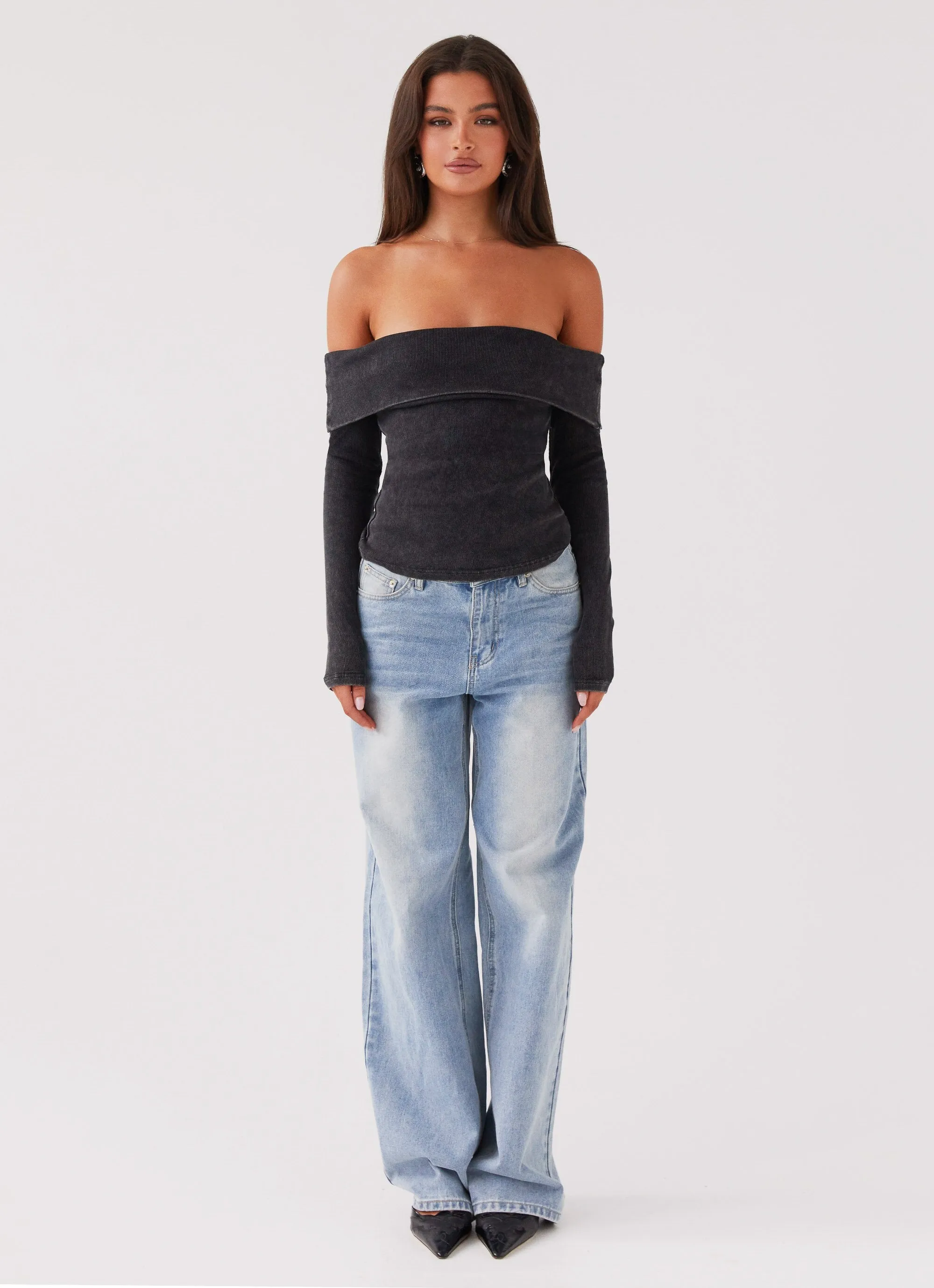 Reinforced Shoulder Seams AntiBacterial Coating Hayley Long Sleeve Ribbed Top - Charcoal Acid Wash