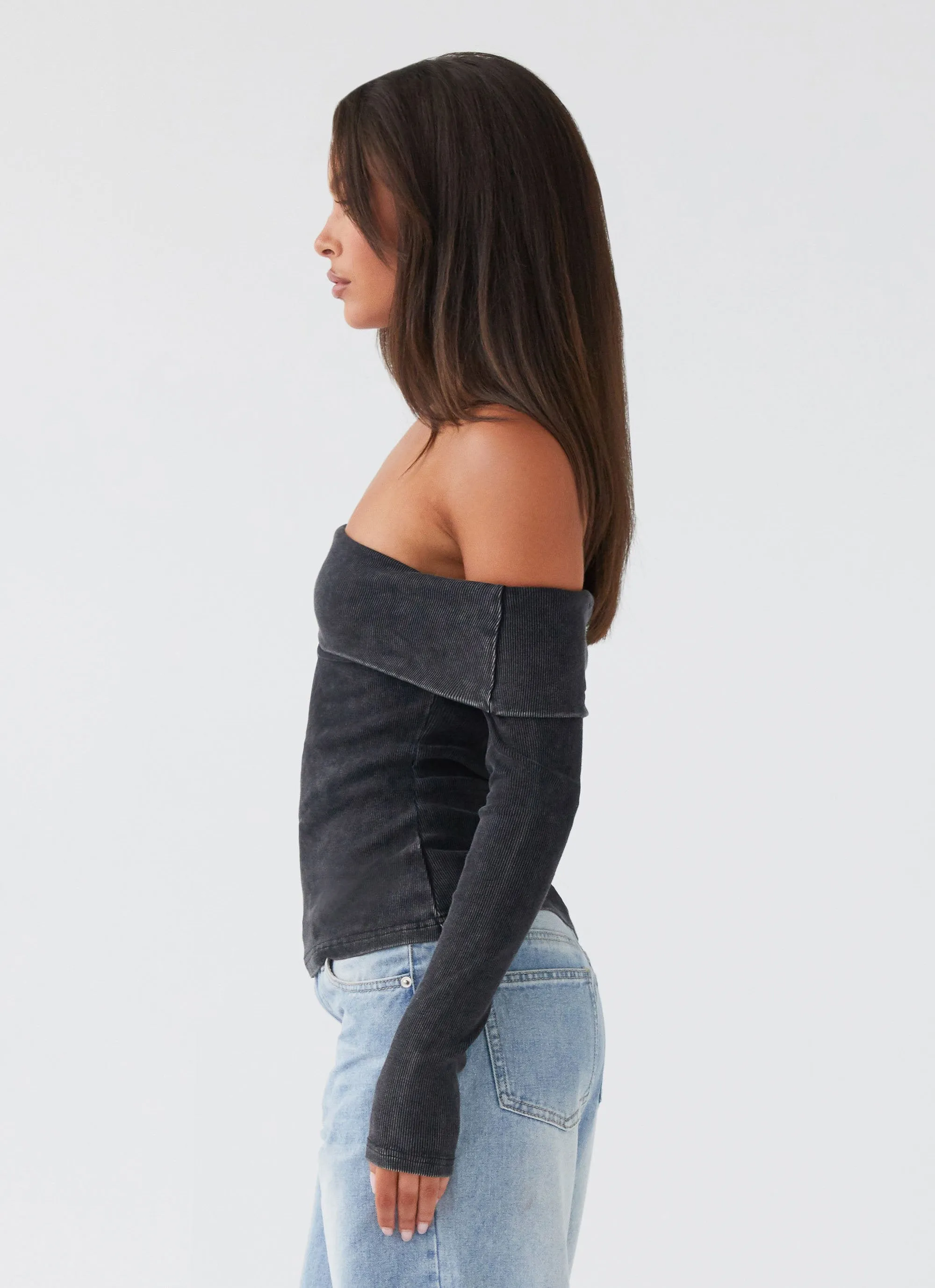 Hot Weather LayeringFriendly Weight Hayley Long Sleeve Ribbed Top - Charcoal Acid Wash