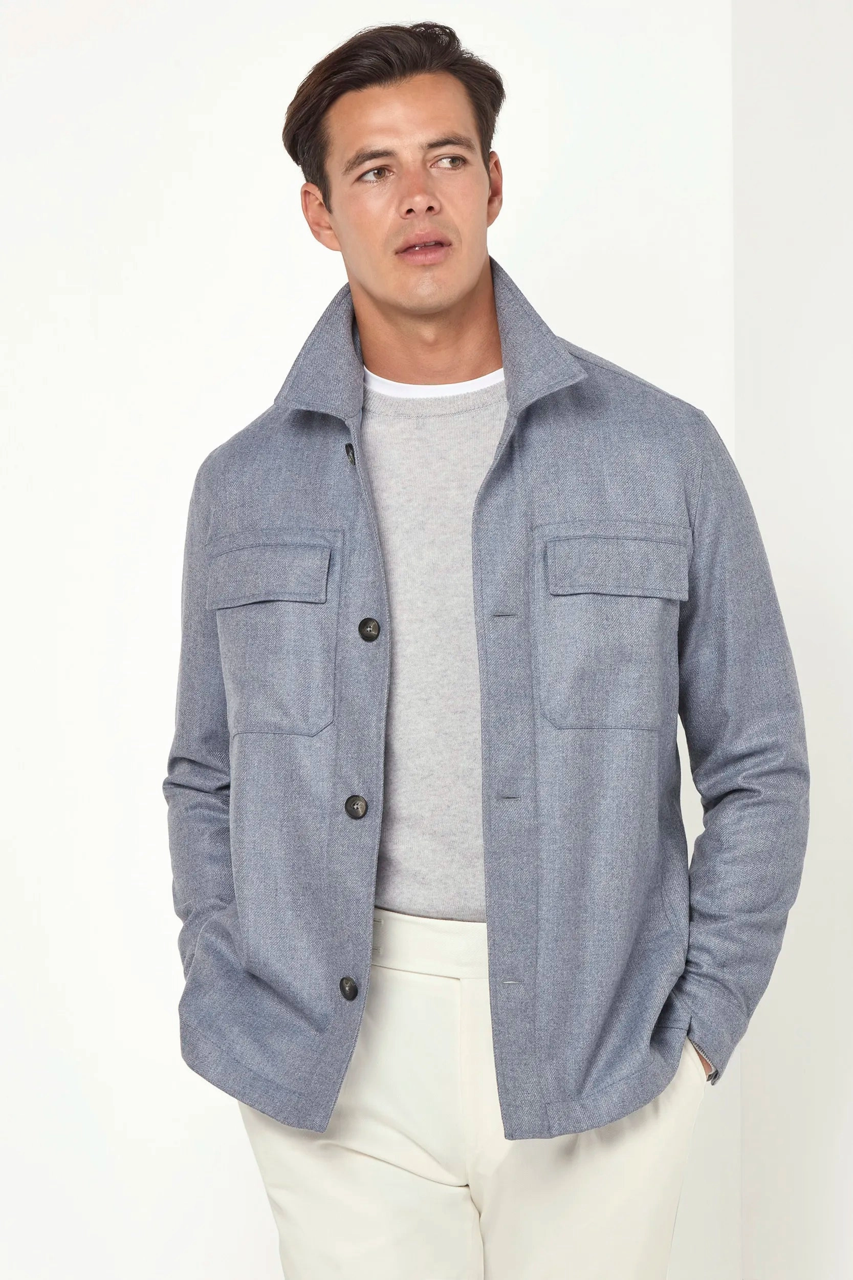 Dusty blue wool and cashmere shirt jacket  - Made in Italy