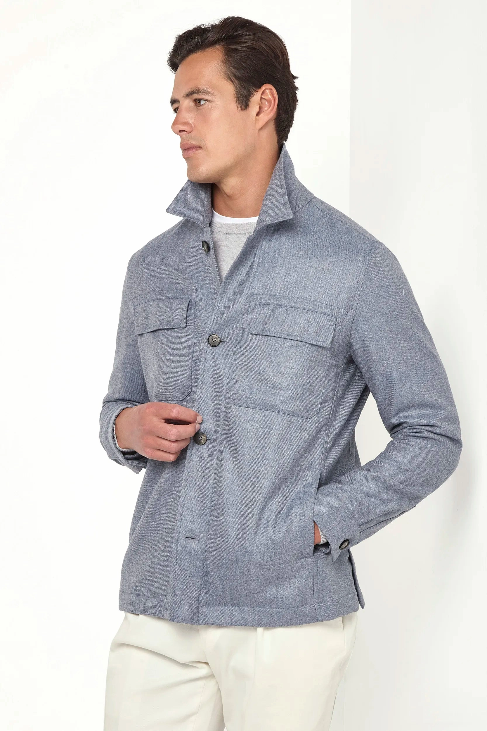 Dusty blue wool and cashmere shirt jacket  - Made in Italy