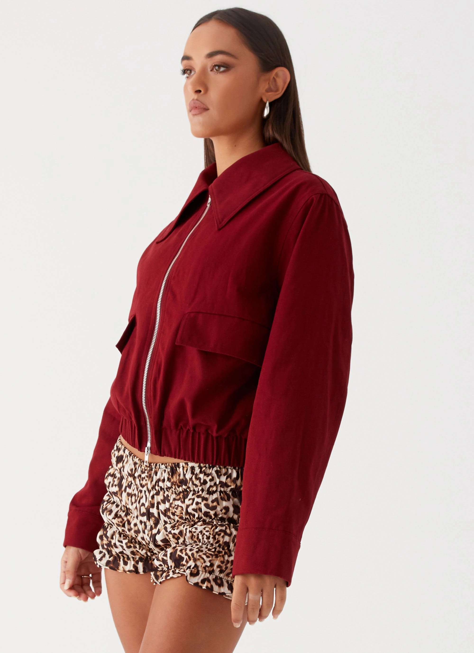 Lightweight Packability Light Look Right Direction Oversized Bomber Jacket - Deep Red