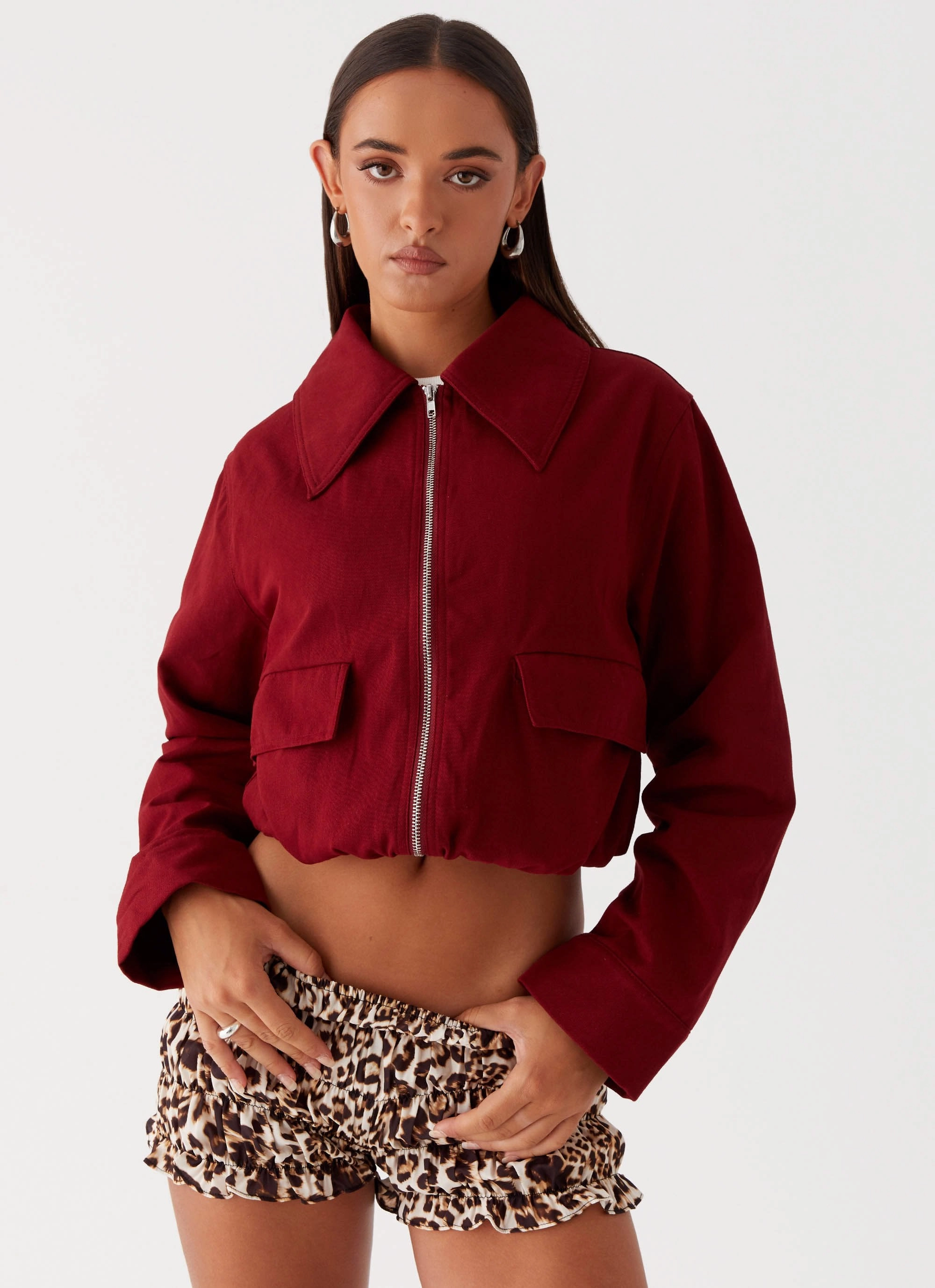 Right Direction Oversized Bomber Jacket - Deep Red Stitched Look Adjustable Hem