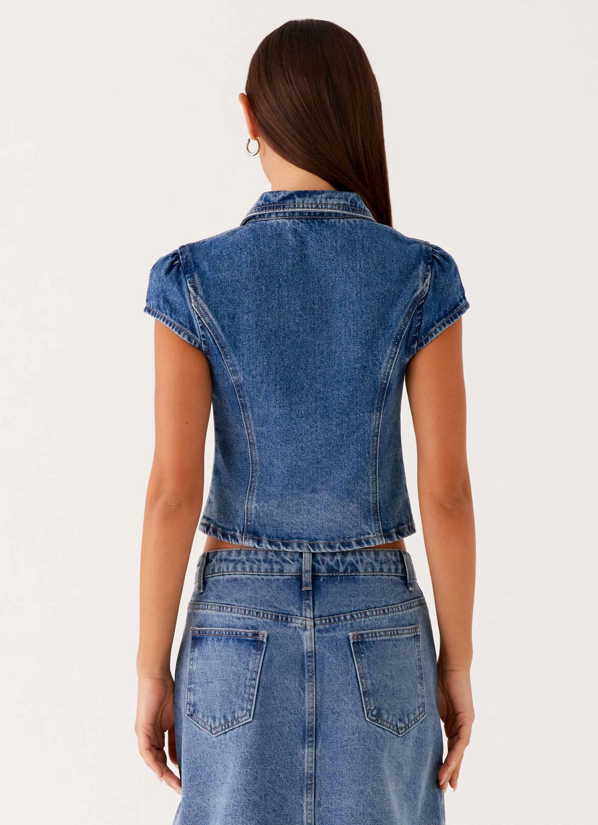 Stella Button Up Top - Blue Microfiber texture QuickDryTech