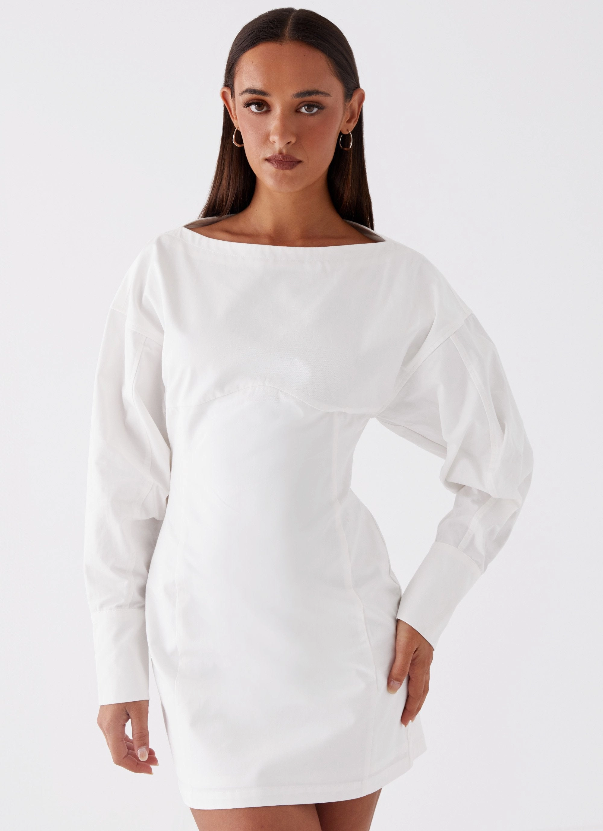 Dynasty Shirt Mini Dress - White Statement Neck