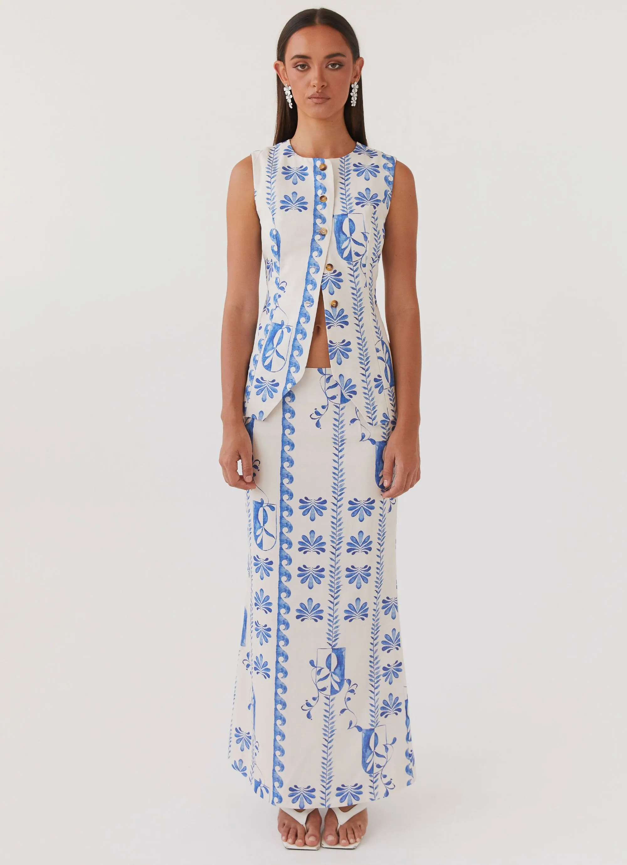 Born For Bordeaux Linen Midi Skirt - Floral Wave Roll Up Fasten