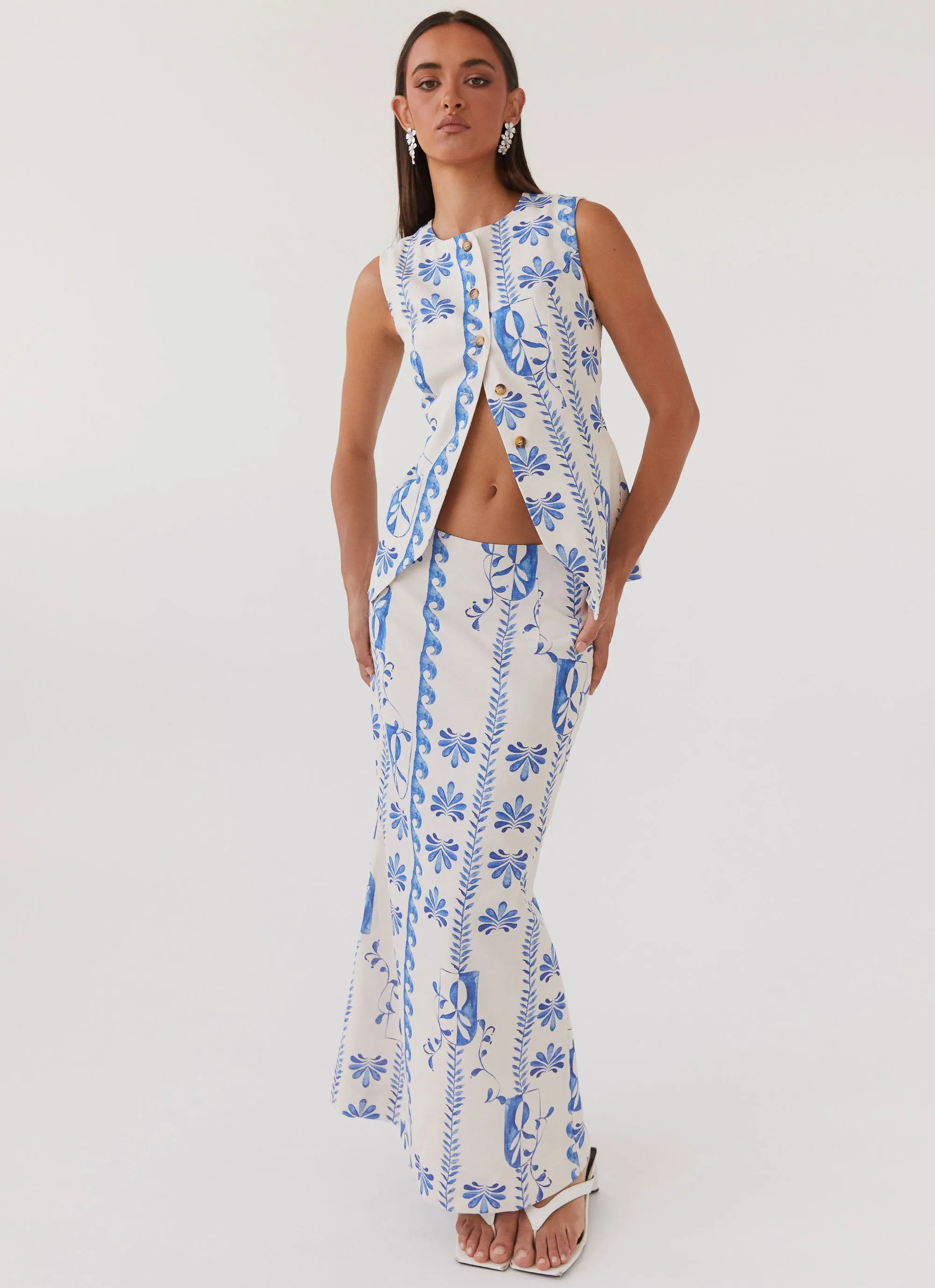 Born For Bordeaux Linen Midi Skirt - Floral Wave Earth Tones Suede Feel