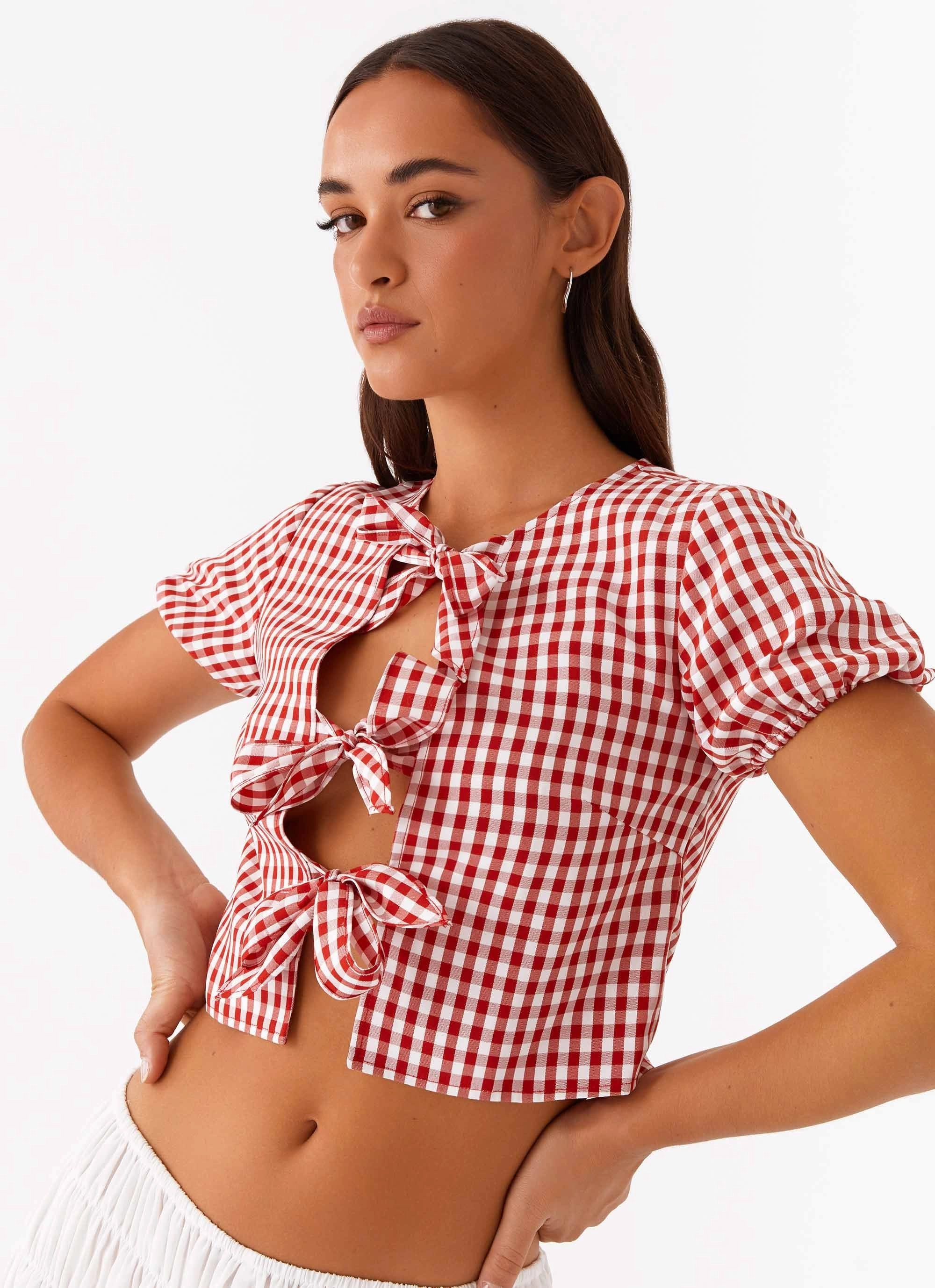 Casual Tee Elasticized Waistband Pandora Blouse - Red Gingham