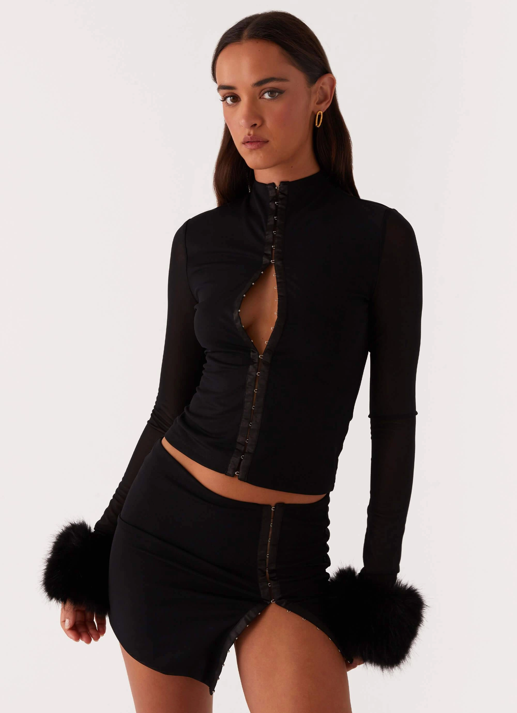 Tayanna Fur Trim Long Sleeve Top - Black Flexible Material