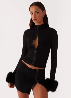 EcoCertified Tayanna Fur Trim Long Sleeve Top - Black Tayanna Fur Trim Long Sleeve Top - Black Flexible Material