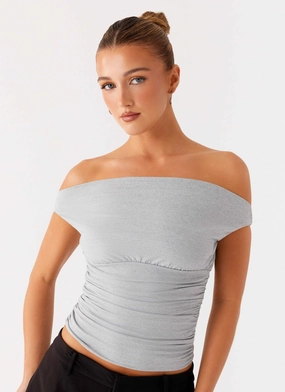 EcoConscious Manufacturing Reva Off Shoulder Top - Grey Two Tone Weave Bold Patterns Reva Off Shoulder Top - Grey