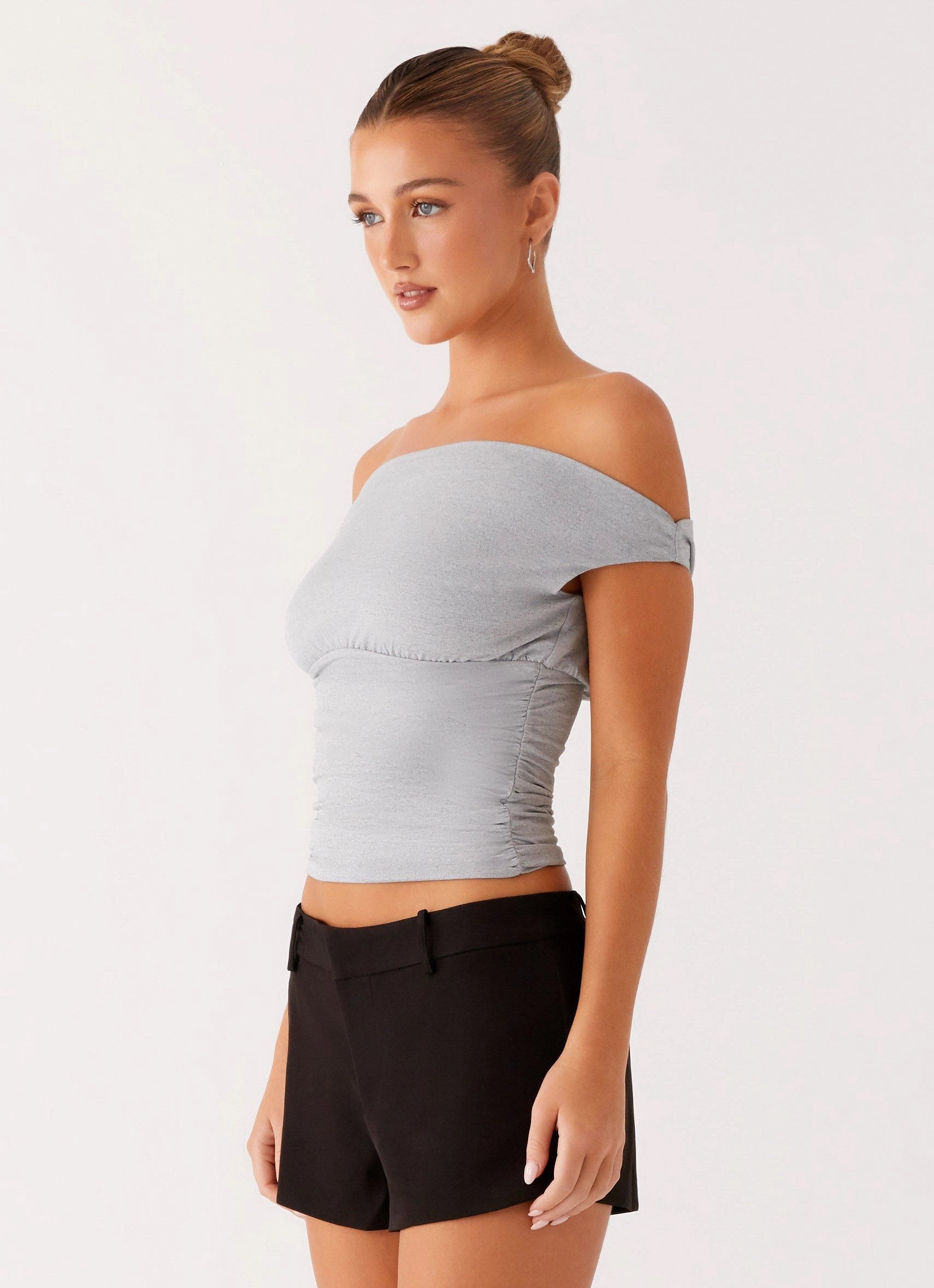 Reva Off Shoulder Top - Grey Knit Fabric Technology Sporty Blouse