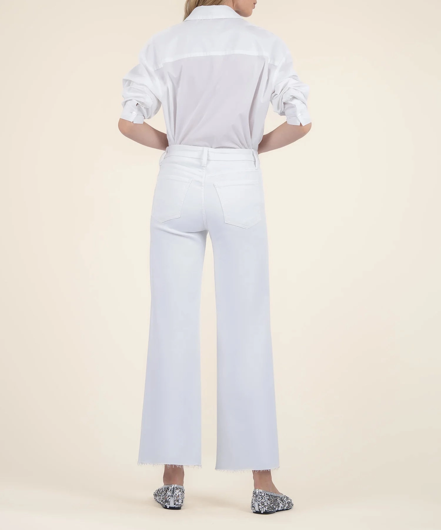 Meg High Rise Fab Ab Wide Leg Jean - Optic White Ergonomic Shoulder Cut