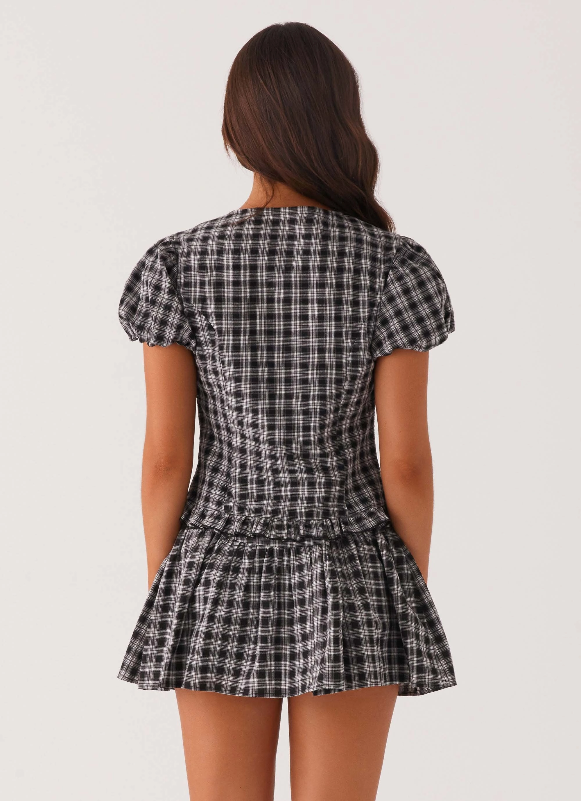 CrewNeck Annie Puff Sleeve Top - White Black Check