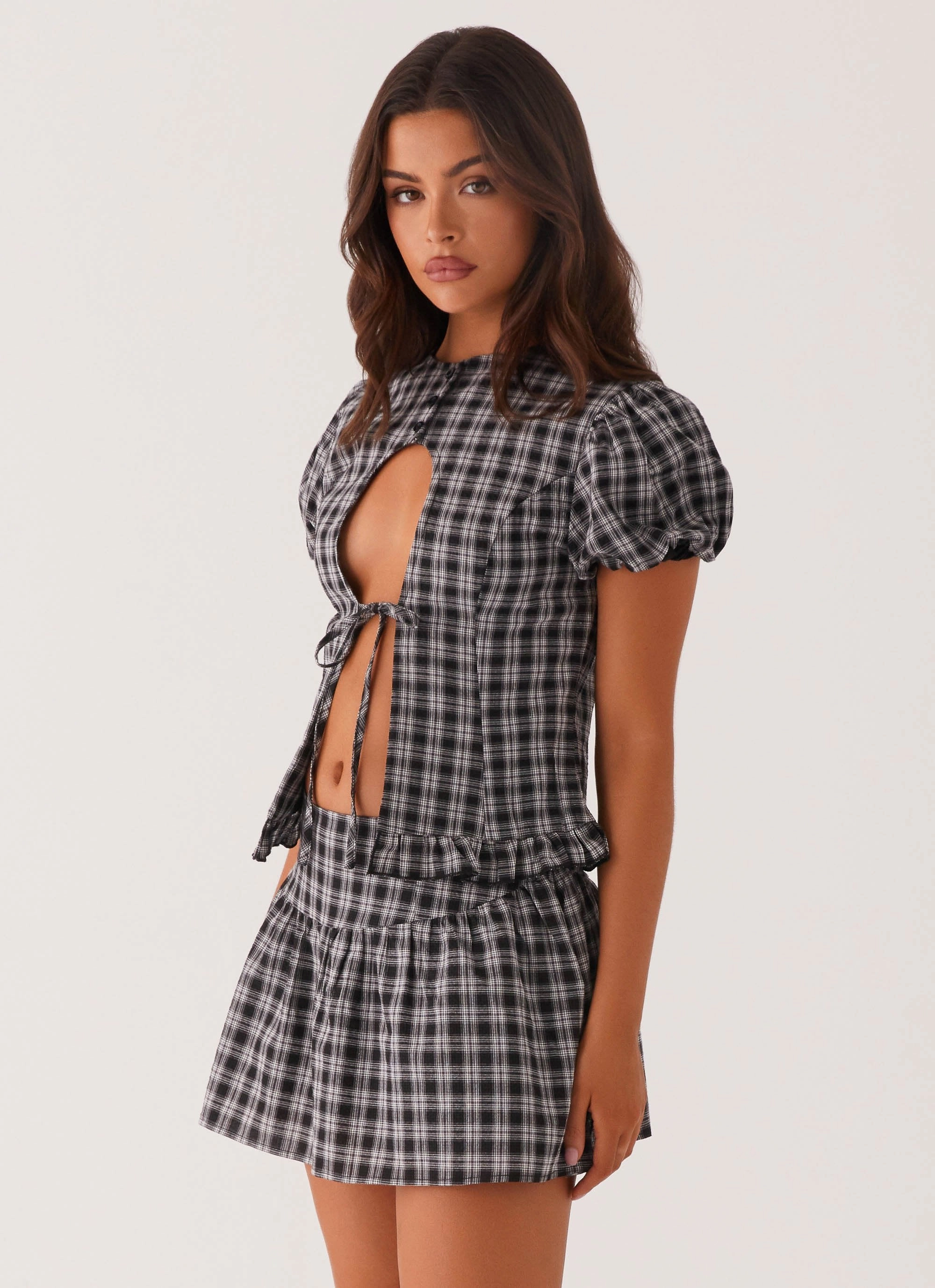 Annie Puff Sleeve Top - White Black Check AntiStaticLining