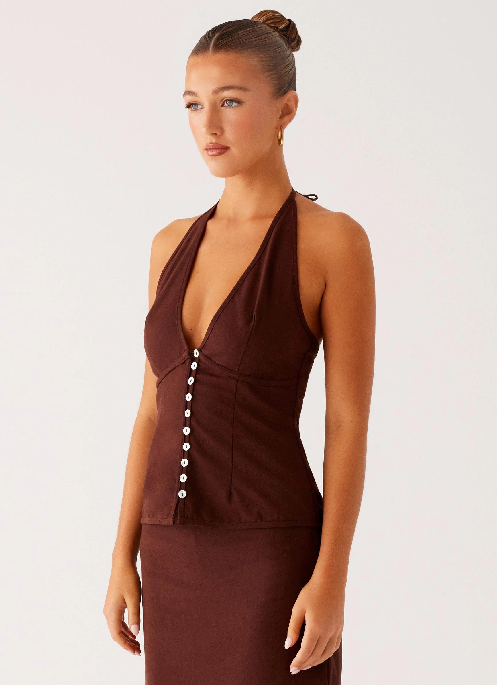 Esther Top - Chocolate High Collar Design Recycled Polyester Blend