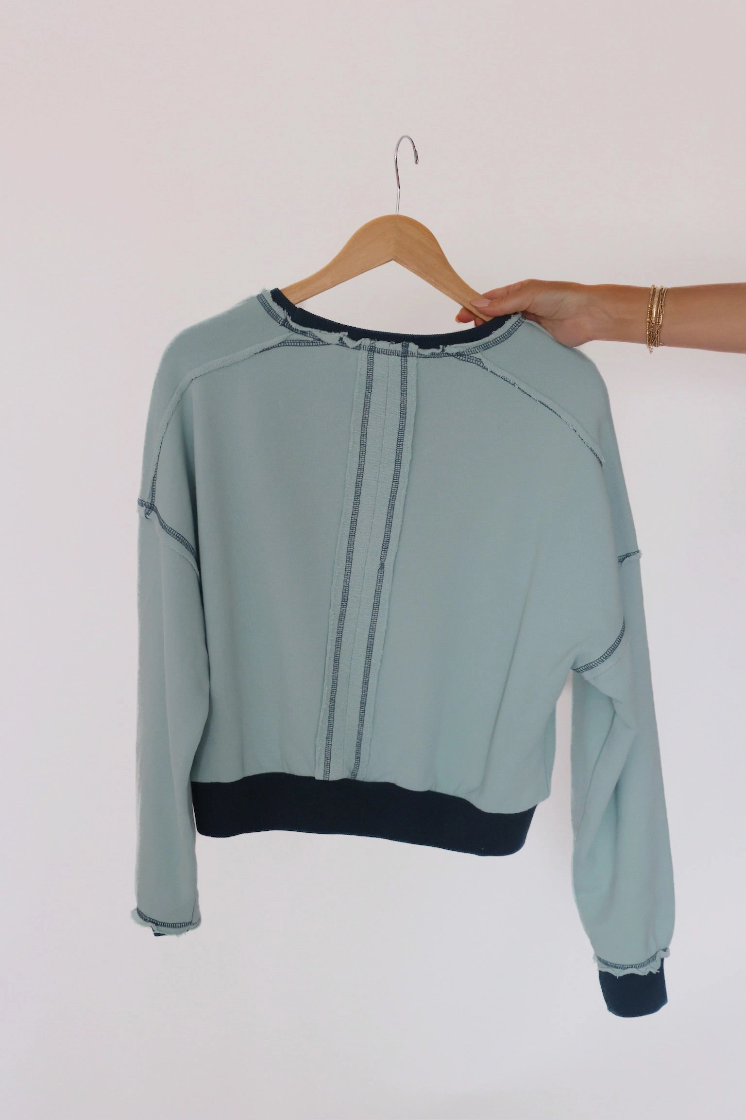 Elasticized Waistband VNeckline EcoWash Sweatshirt- Blue