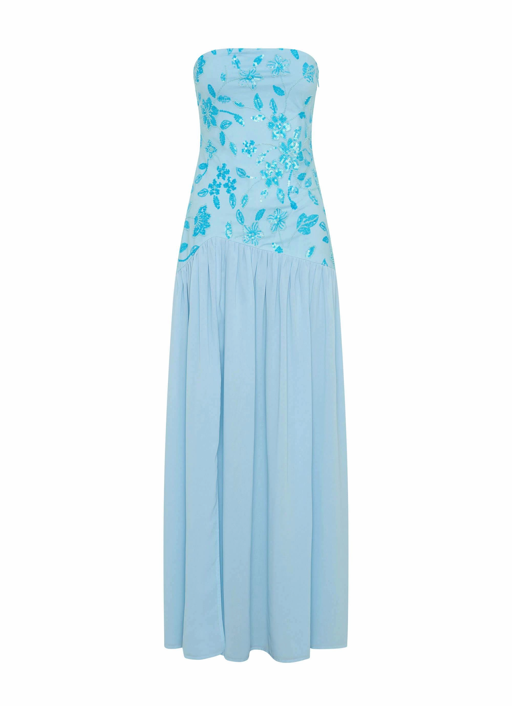 Eden Strapless Beaded Maxi Dress - Blue button detail Refined Cut