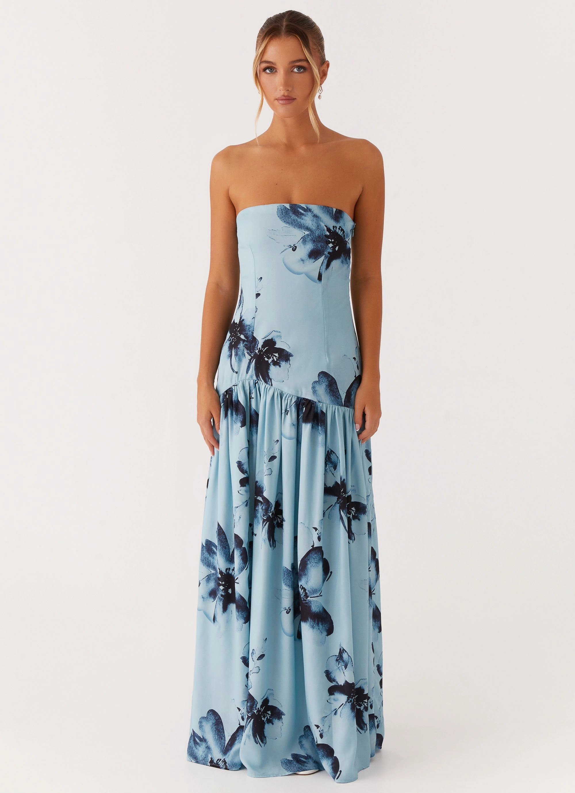 Eden Strapless Maxi Dress - Blue Black Floral Sheer Look