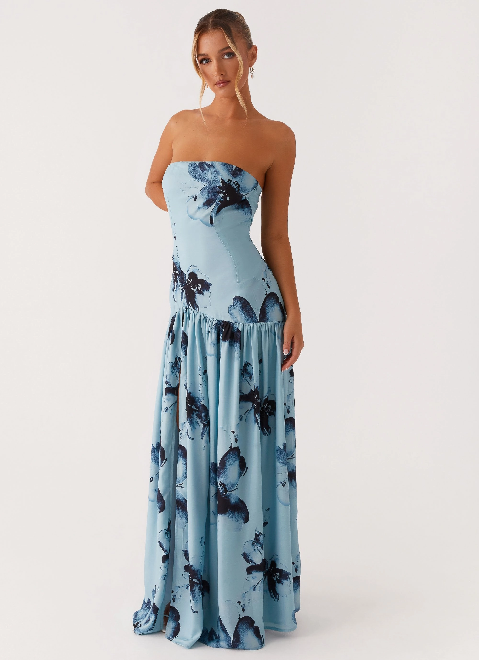 Eden Strapless Maxi Dress - Blue Black Floral Casual Fit Flawless Fit