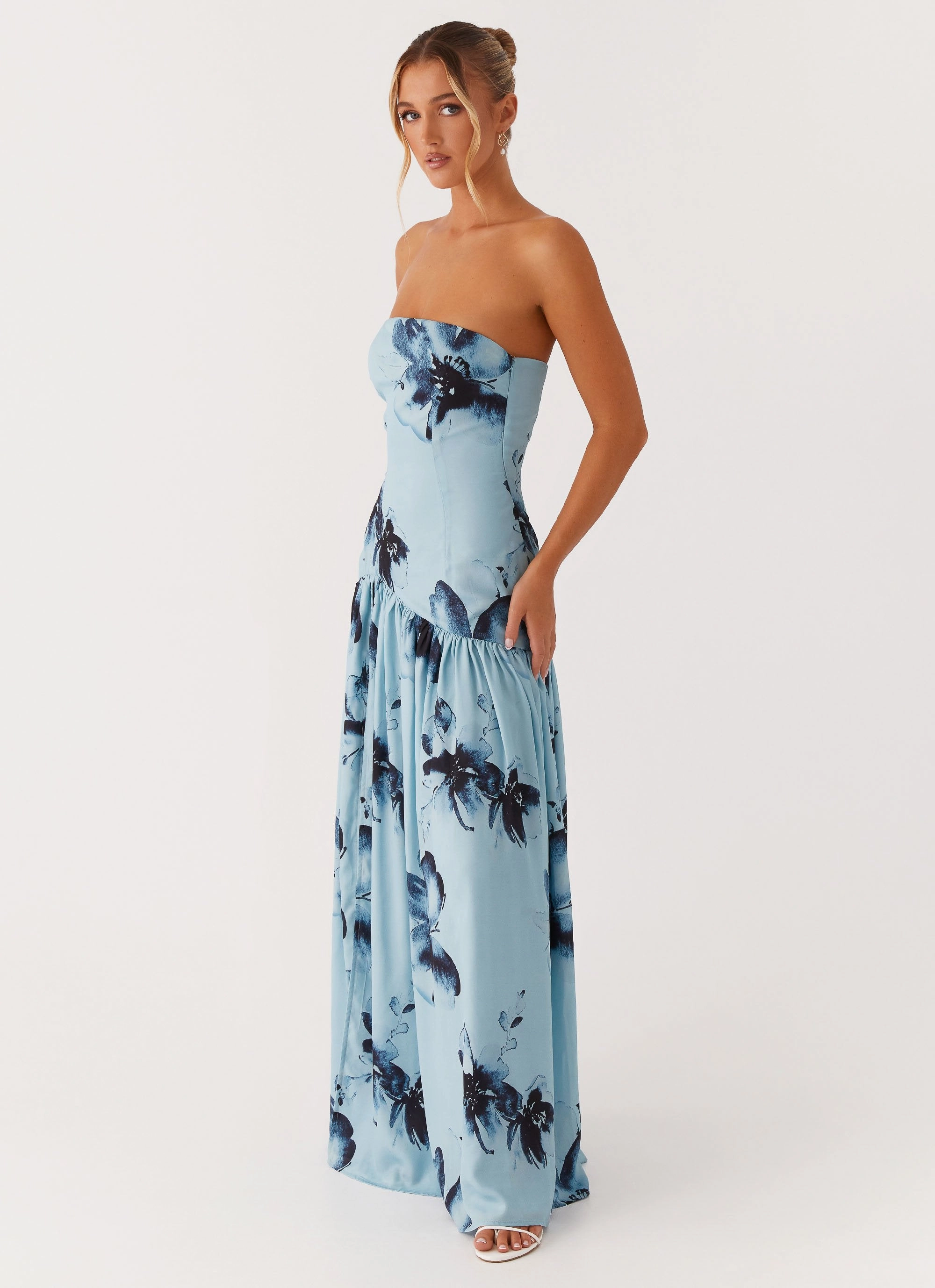 Sleek Tone Layered Look Eden Strapless Maxi Dress - Blue Black Floral